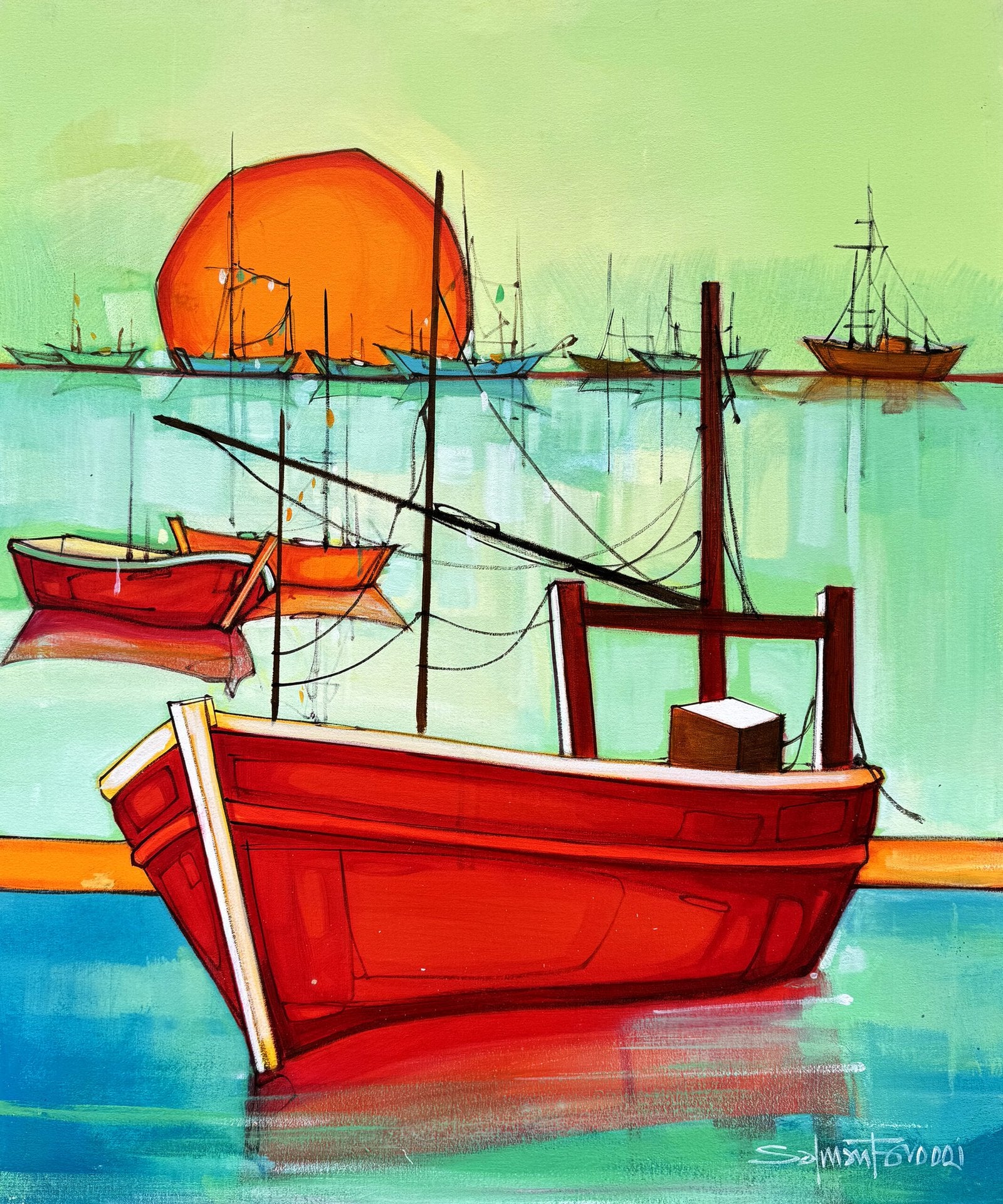 Salman Farooqi Scarlet Harbor Sunset Acrylic on Canvas 30x36 inches