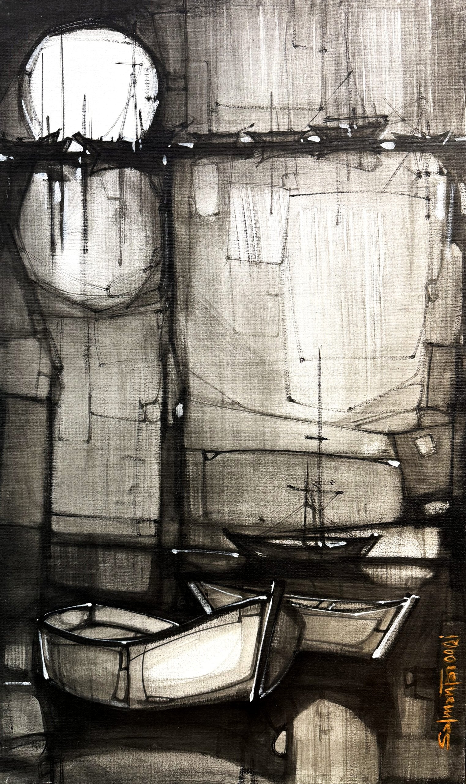 Salman Farooqi Sepia Harbor Acrylic on Canvas 20x30 inches