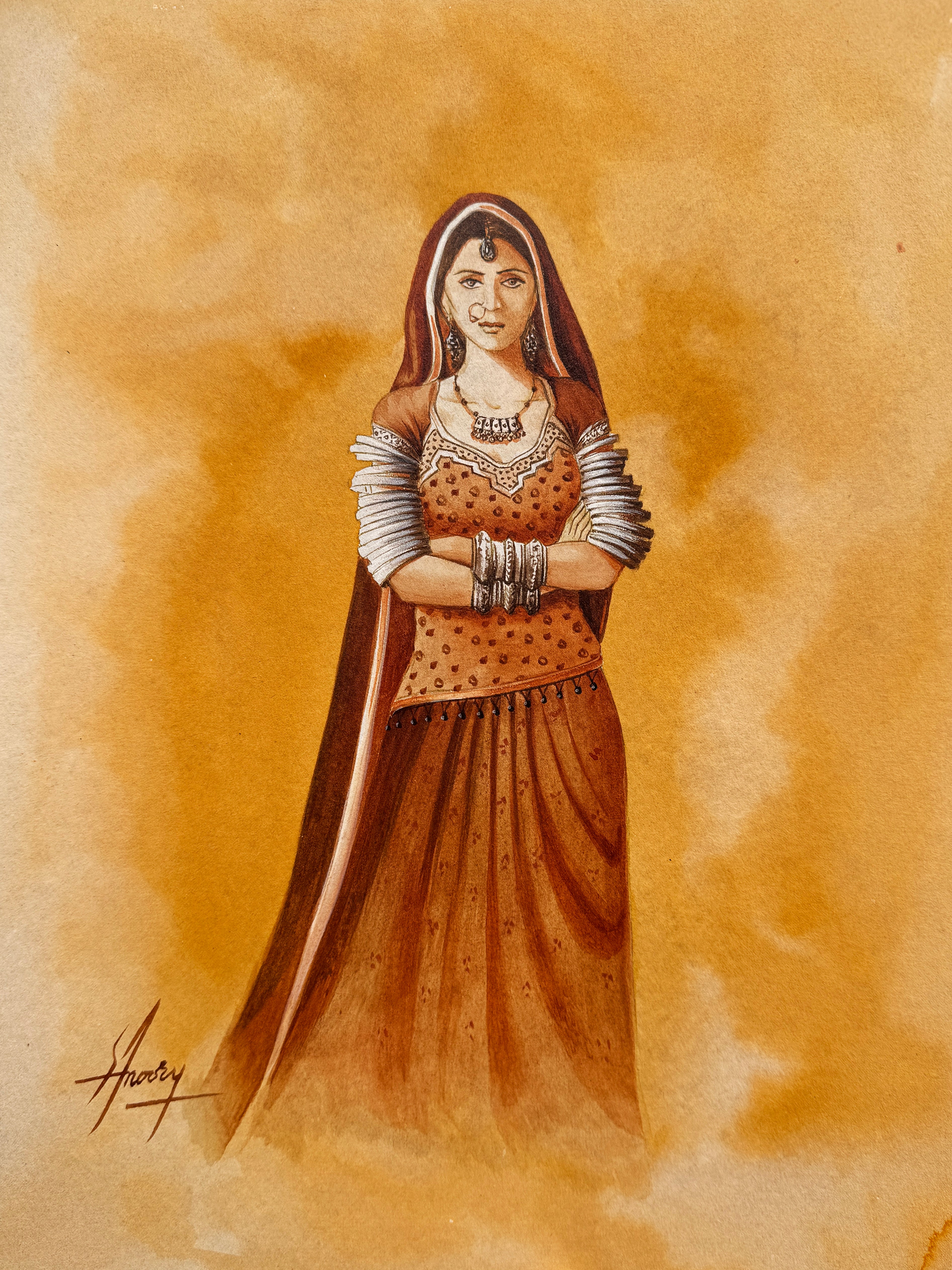 S. A. Noory Desert Gaze Thari Woman Watercolor on Paper 12x15 inches