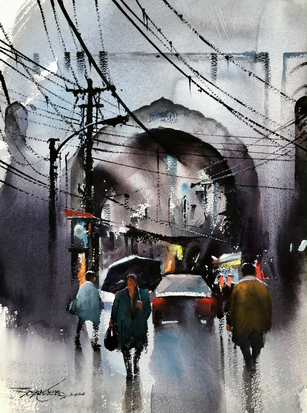 Sarfaraz Musawir rainy arch street umbrella walk 11x15 watercolor