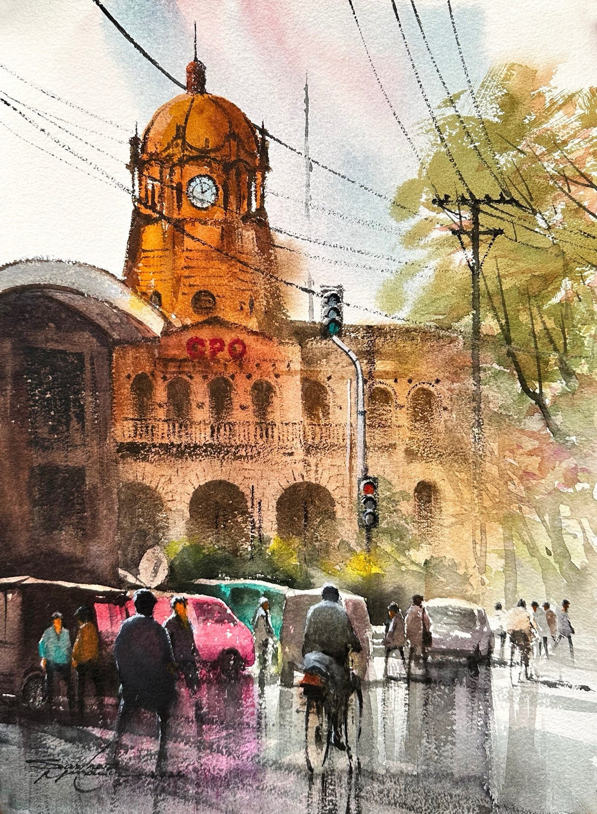 Sarfaraz Mussawir Cityscape GPO Clock Tower watercolor on paper 11x15 inches Pakistani urban painting
