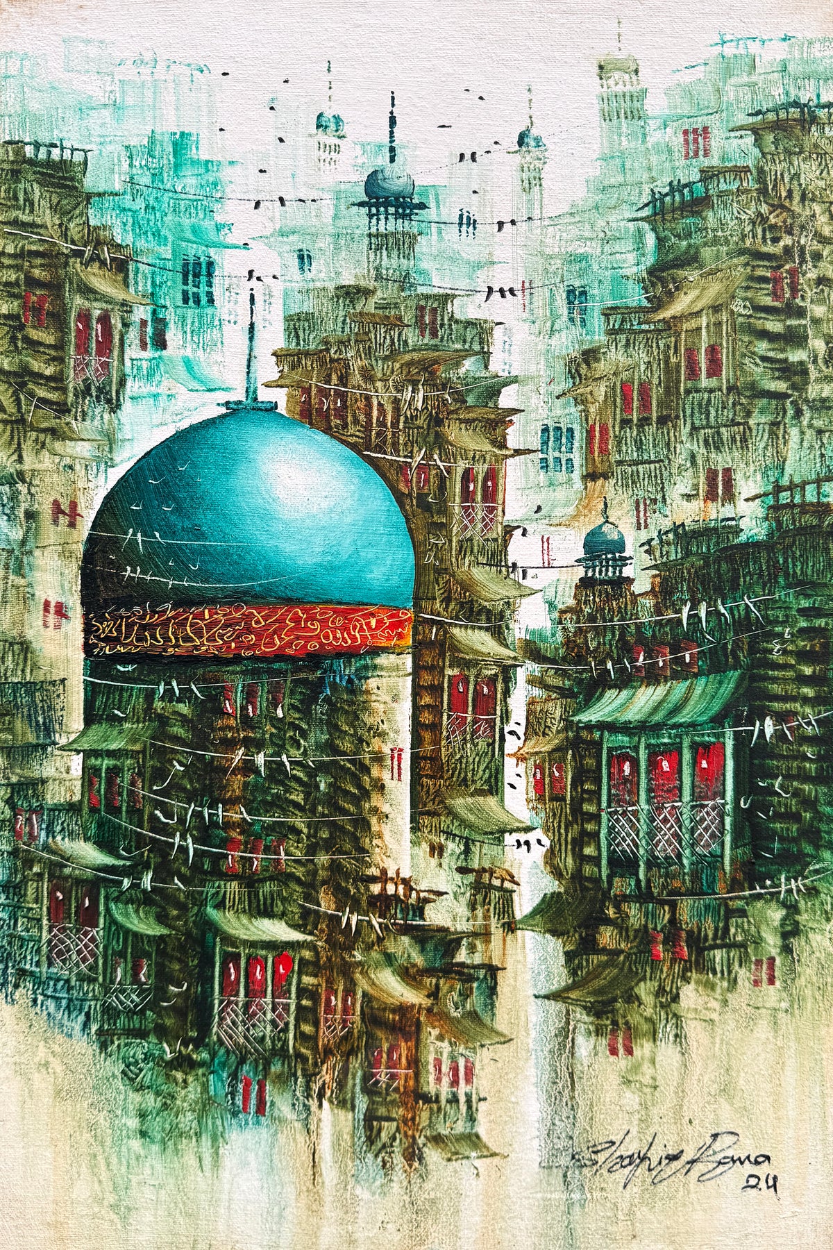 Shafiq Rana azure blue dome dense old city balconies acrylic on canvas 12x18 inches surreal single blue dome old city red windows painting