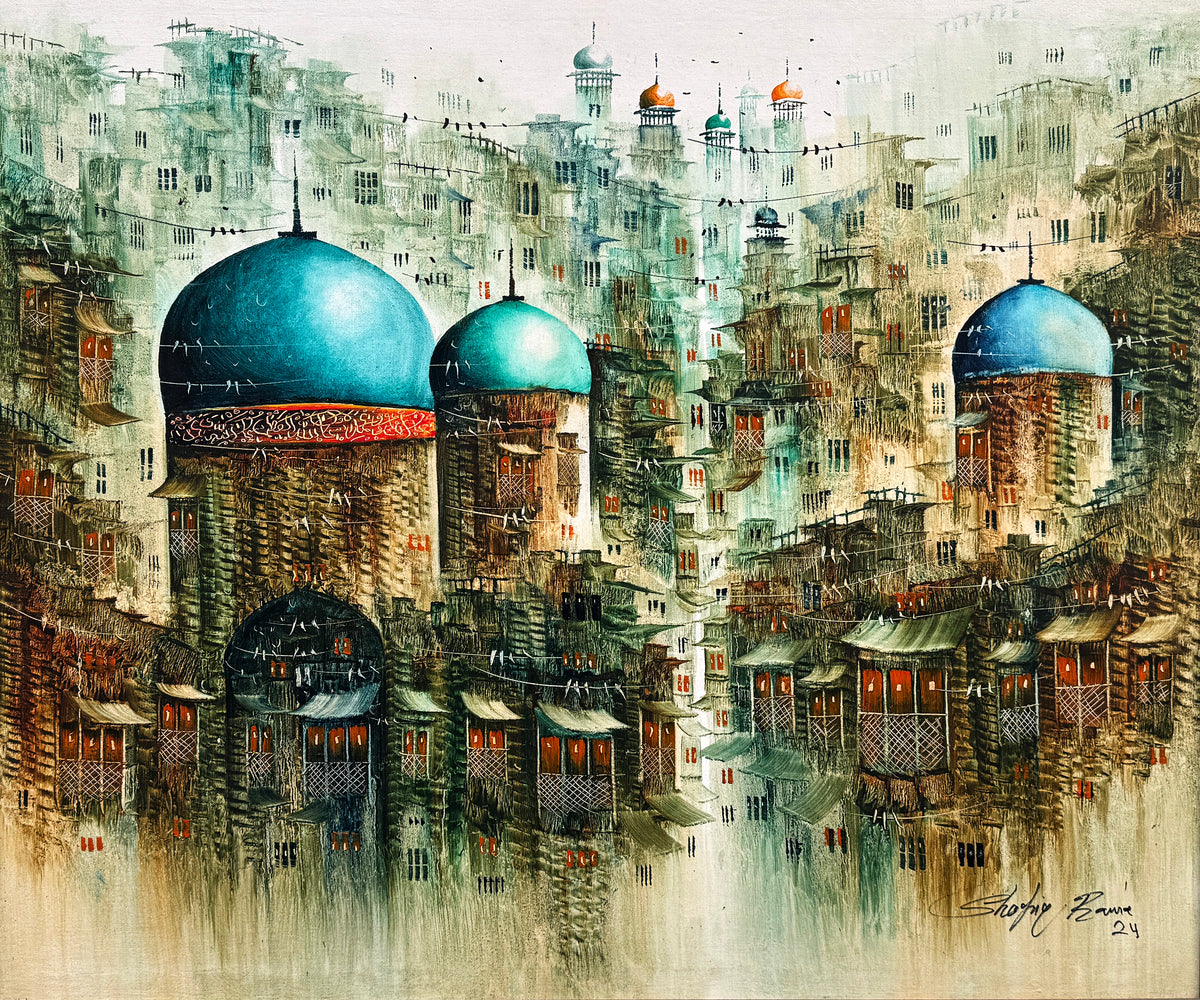 Shafiq Rana blue domes old city surreal walled city architecture acrylic on canvas 30x36 inches surreal Islamic cityscape blue domes dense balconies painting