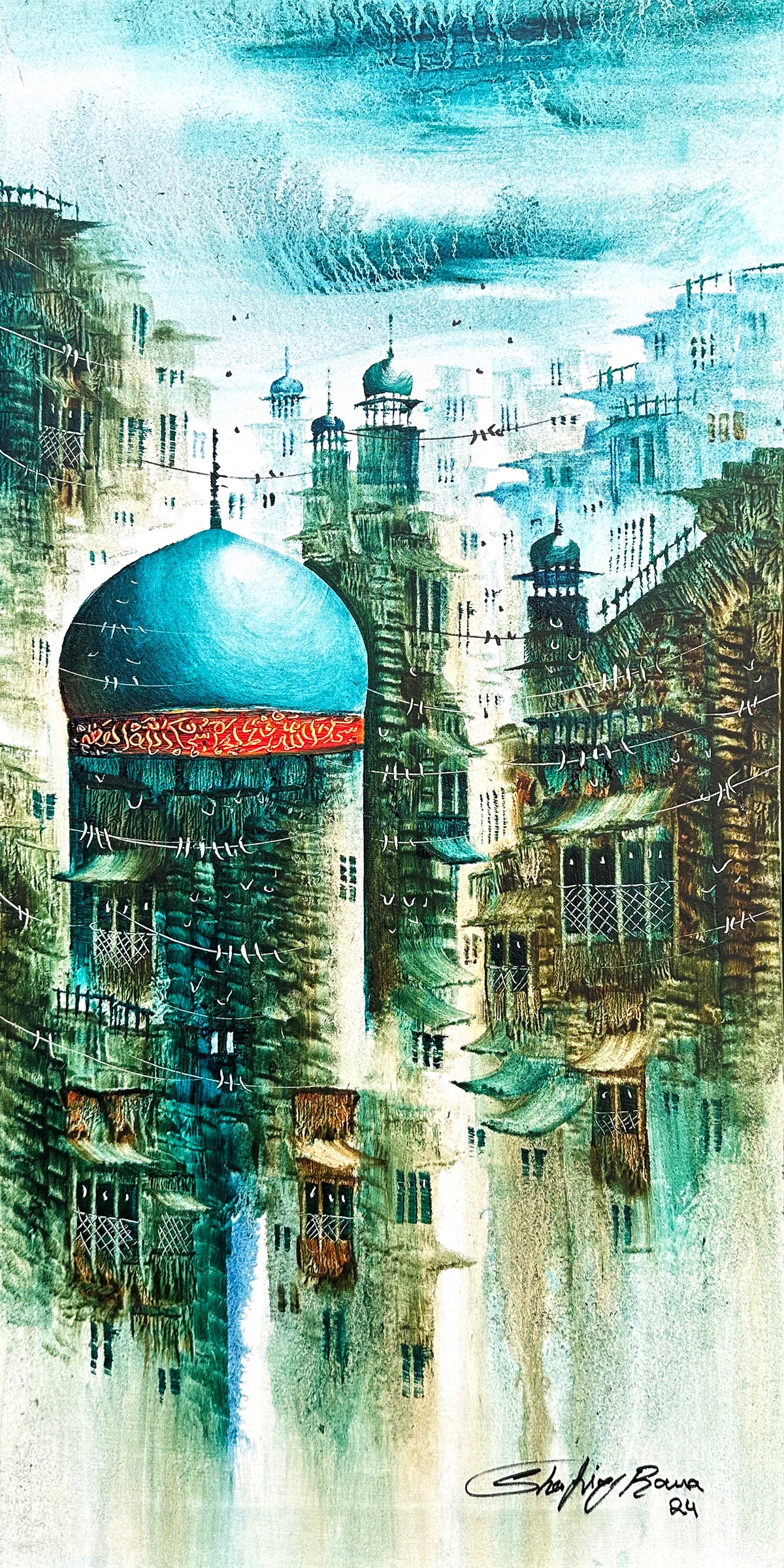 Shafiq Rana giant blue dome green sepia old city street acrylic on canvas 12x24 inches surreal giant blue dome green city painting