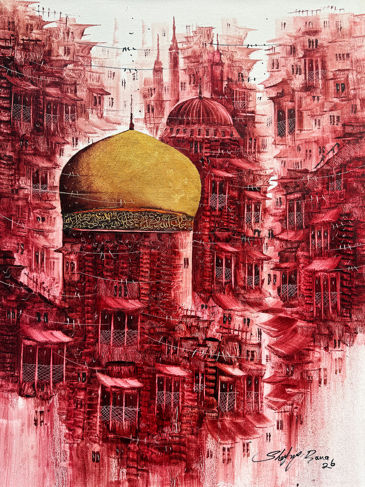 Shafiq Rana giant golden dome red dome shrine old city acrylic on canvas 18x24 inches surreal giant golden dome red dome painting