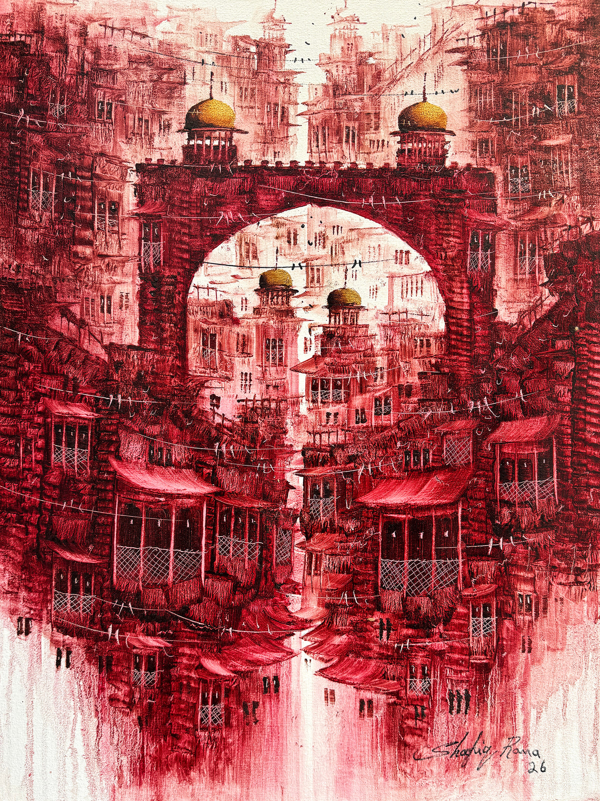 Shafiq Rana golden arch bridge red old city gateway acrylic on canvas 18x24 inches surreal golden arch bridge four golden domes painting