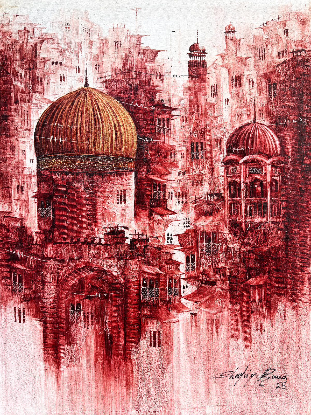 Shafiq Rana golden dome old city red sepia surreal walled city acrylic on canvas 18x24 inches surreal golden dome red old city painting