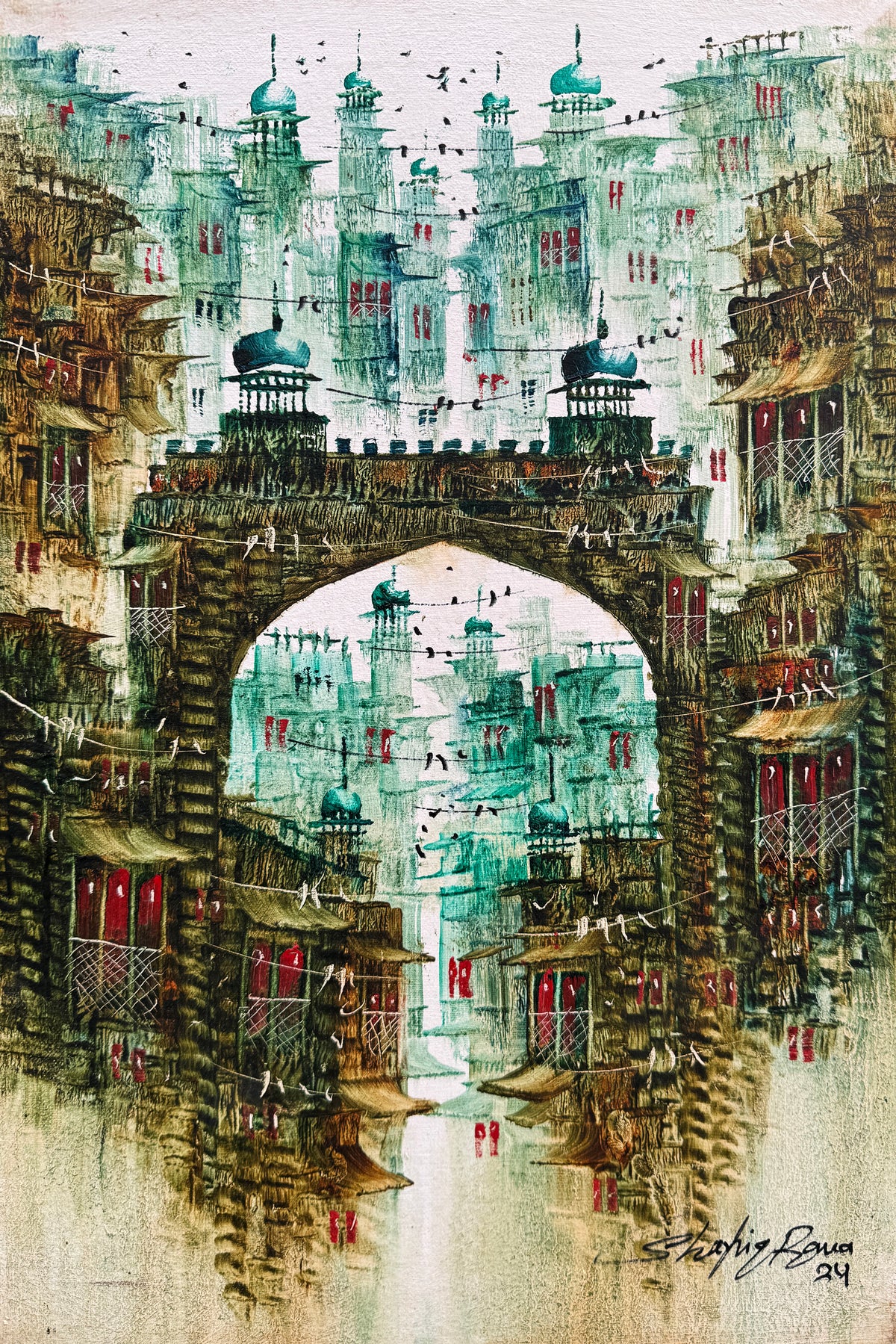 Shafiq Rana historic arch gate surreal old city passage acrylic on canvas 12x18 inches surreal walled city arch gateway turquoise domes painting