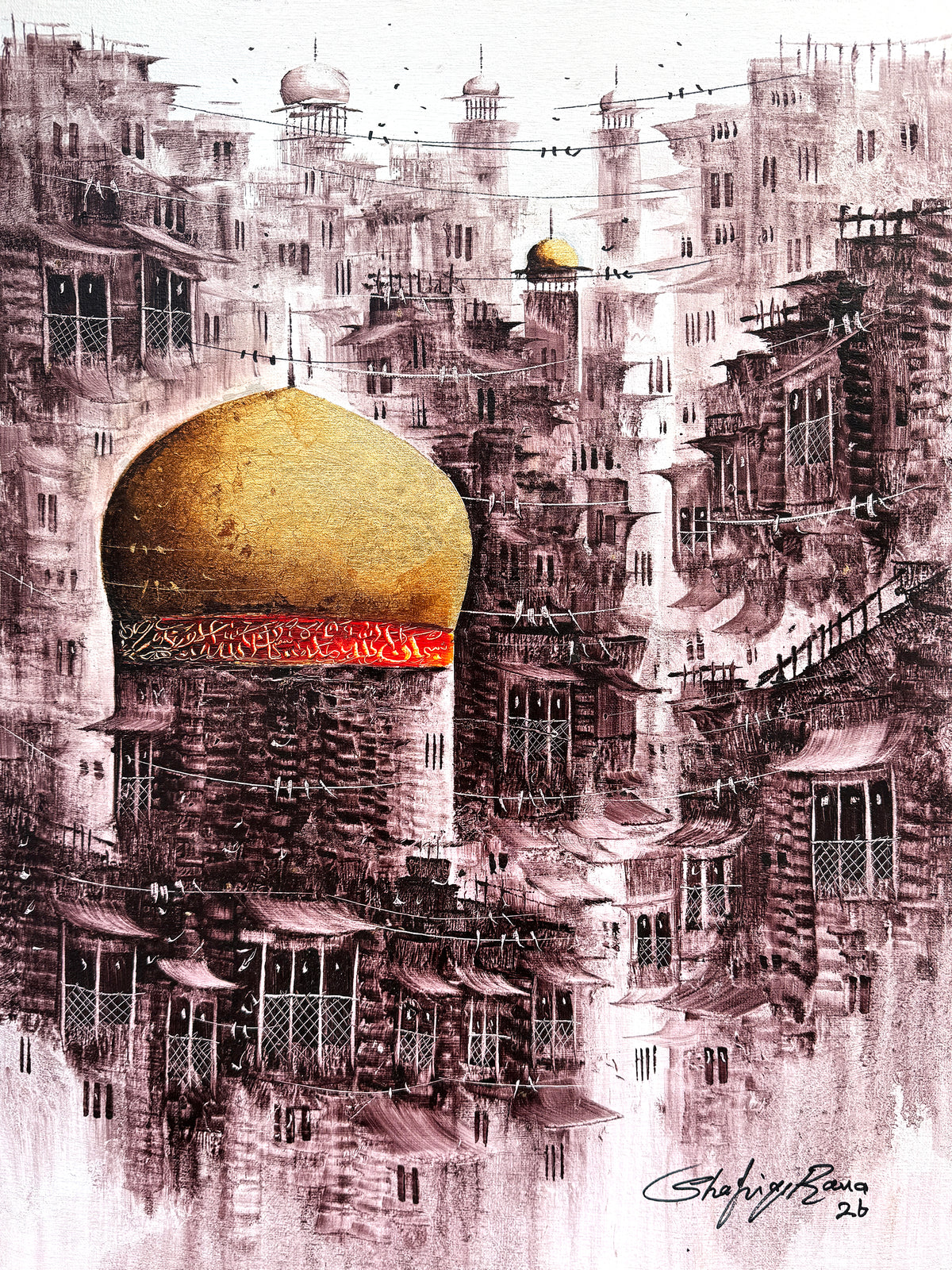 Shafiq Rana luminous golden dome sepia dense old city layers acrylic on canvas 18x24 inches surreal golden dome sepia city painting