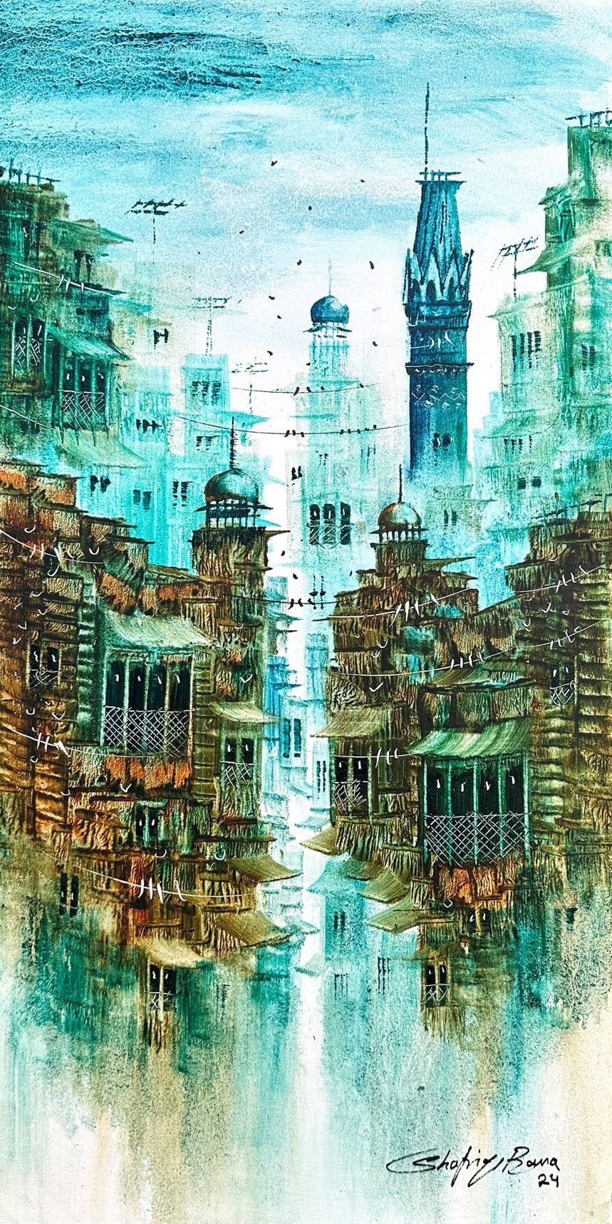 Shafiq Rana Minaret View Old City Blue Green Heritage oil on canvas 12x24 inches old city minaret painting sold out