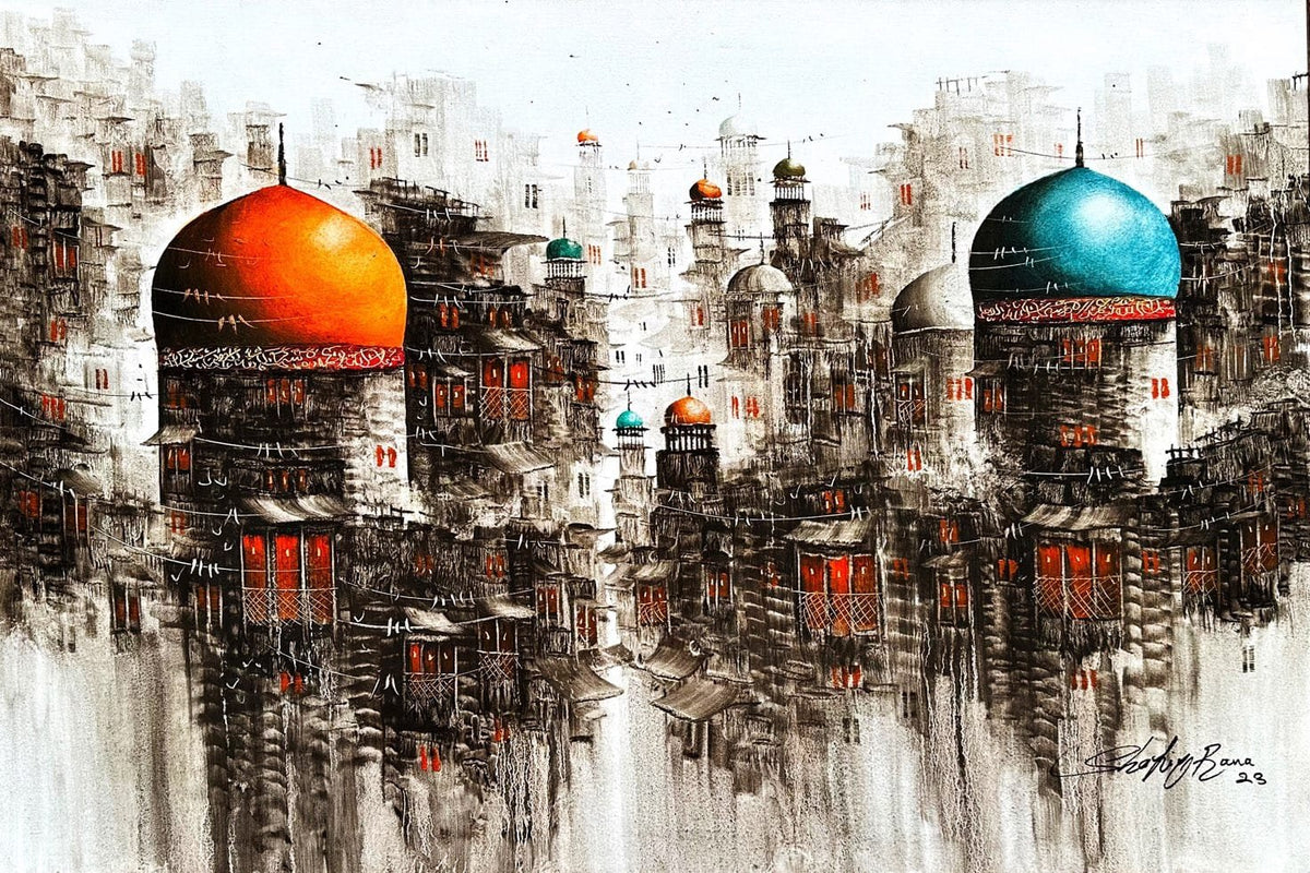Shafiq Rana Orange Blue Twin Domes Old City Reflections oil on canvas 24x36 inches old city painting