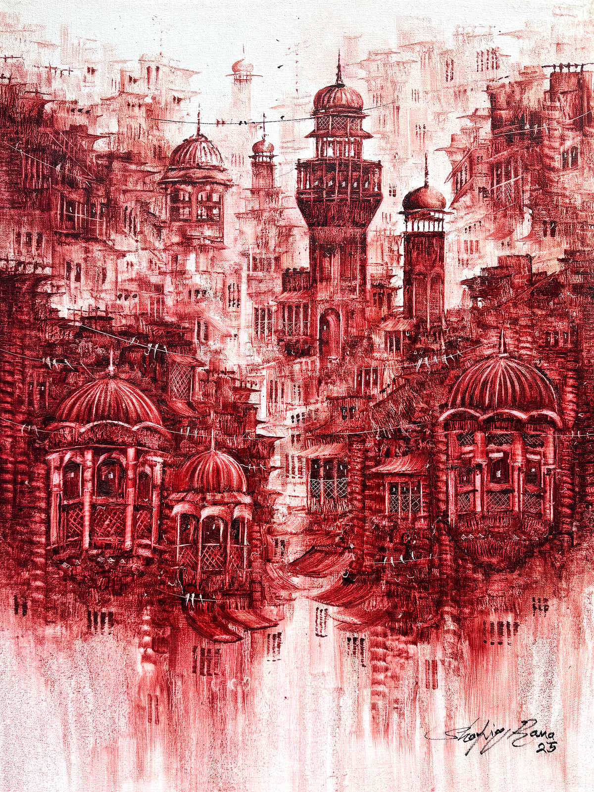 Shafiq Rana red domes minarets surreal jharoka old city acrylic on canvas 18x24 inches surreal red domes twin minarets jharoka painting