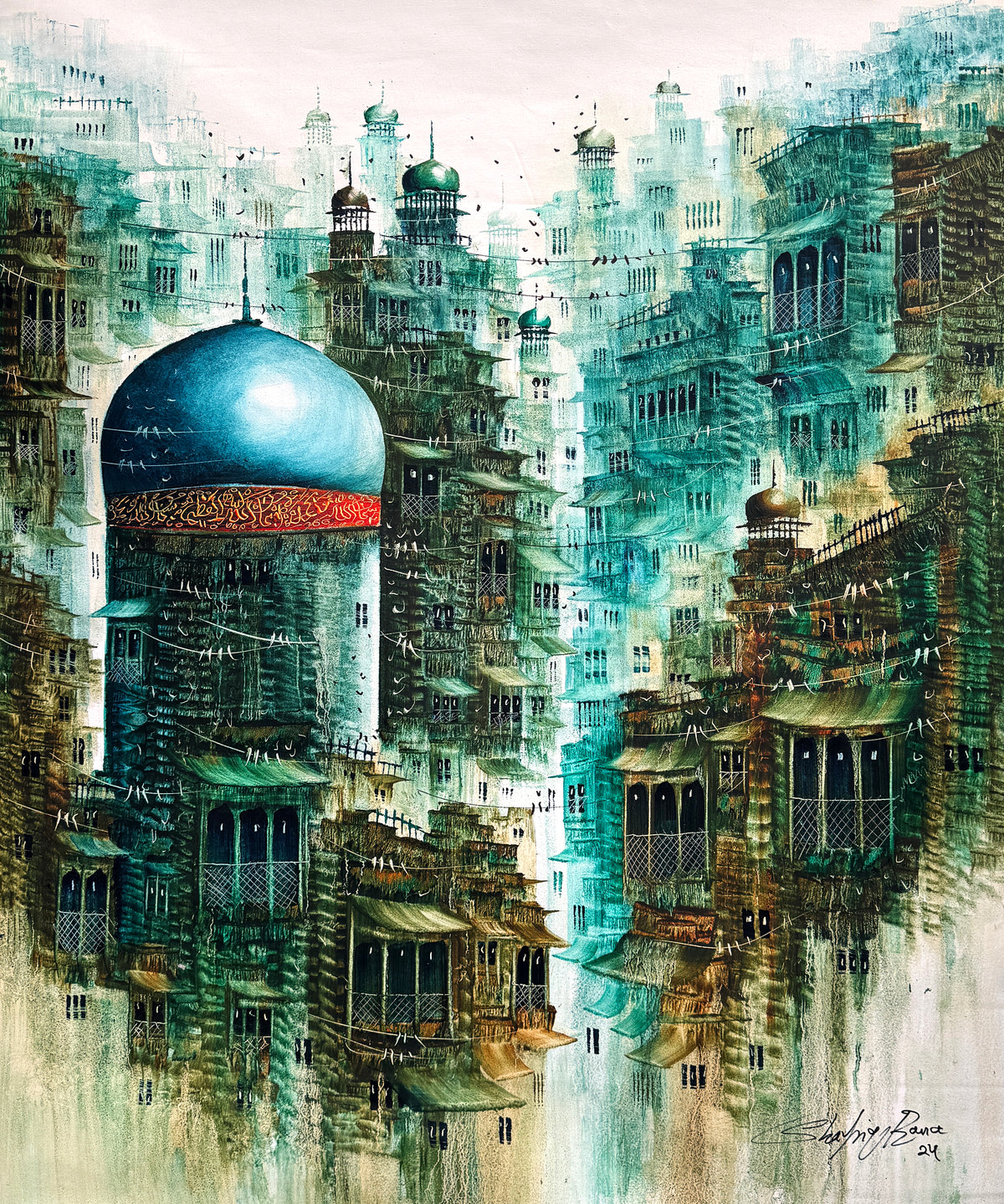 Shafiq Rana turquoise blue dome surreal dense old cityscape acrylic on canvas 30x36 inches surreal Islamic cityscape single blue dome dense turquoise city painting