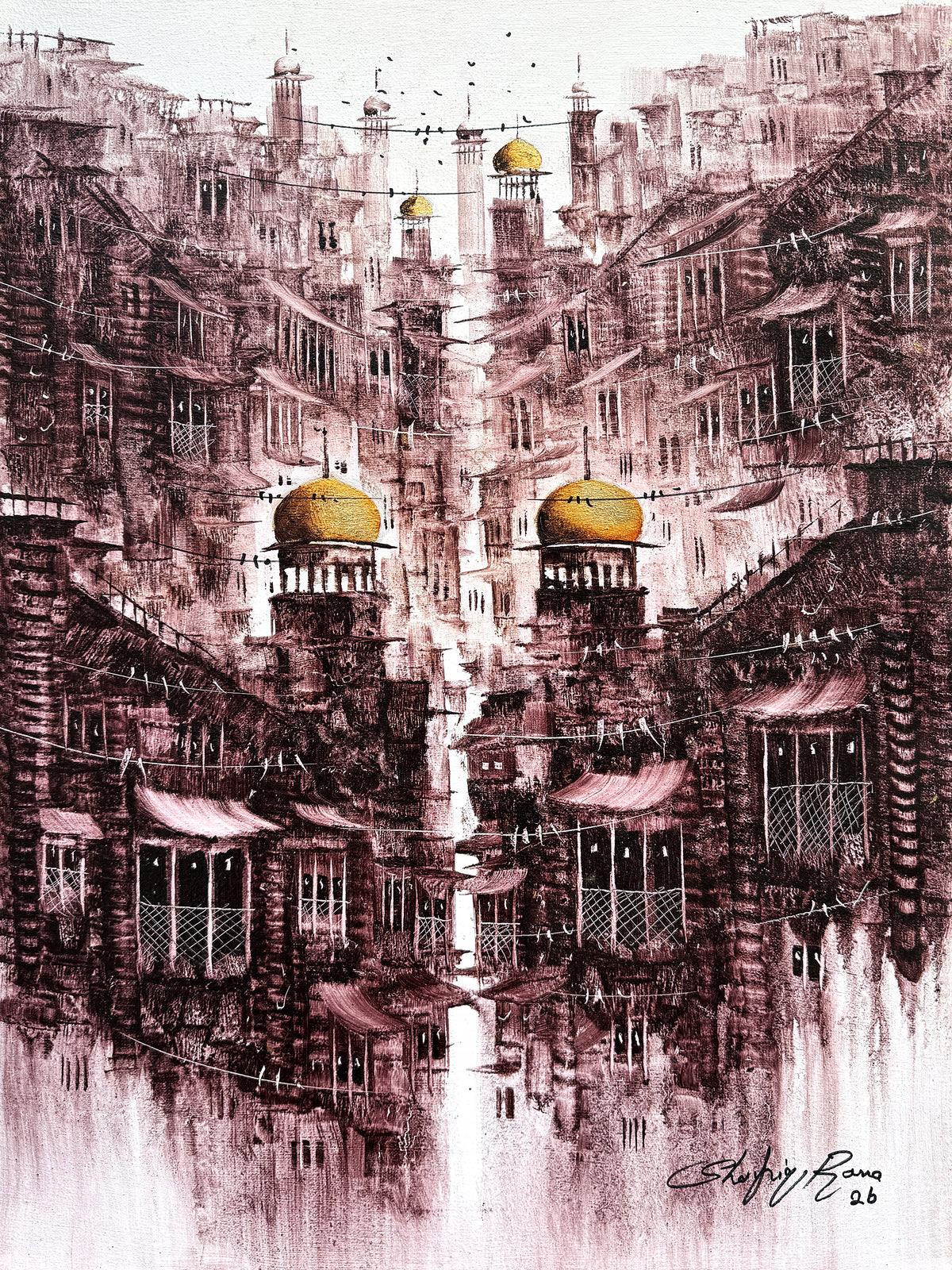 Shafiq Rana twin golden domes sepia old city street acrylic on canvas 18x24 inches surreal twin golden domes sepia city painting