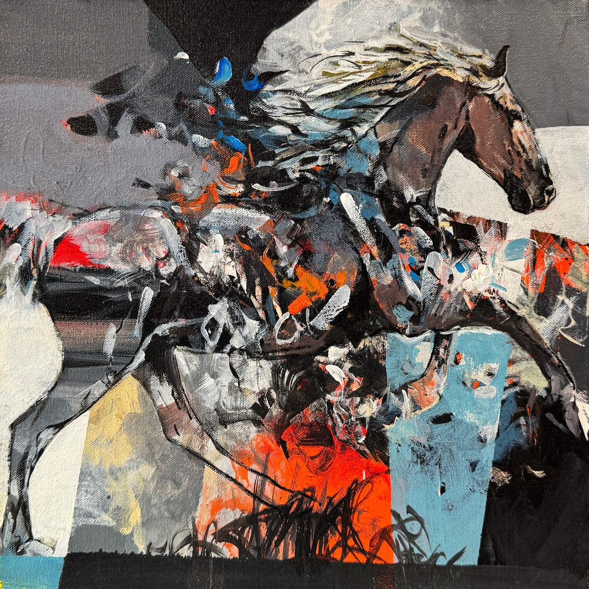 Shan Amrohvi Abstract Horse Painting running horse oil on canvas 12x12 inches abstract horse galloping brown horse blue orange red modern painting
