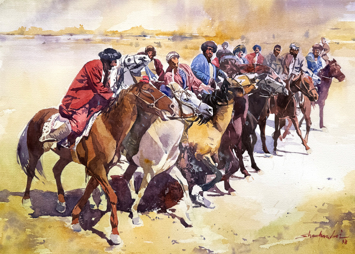 Shan Amrohvi Buzkashi Horse Polo Painting watercolor on paper 15x21 inches Afghan horsemen buzkashi game horse riders chapandaz traditional sport painting

