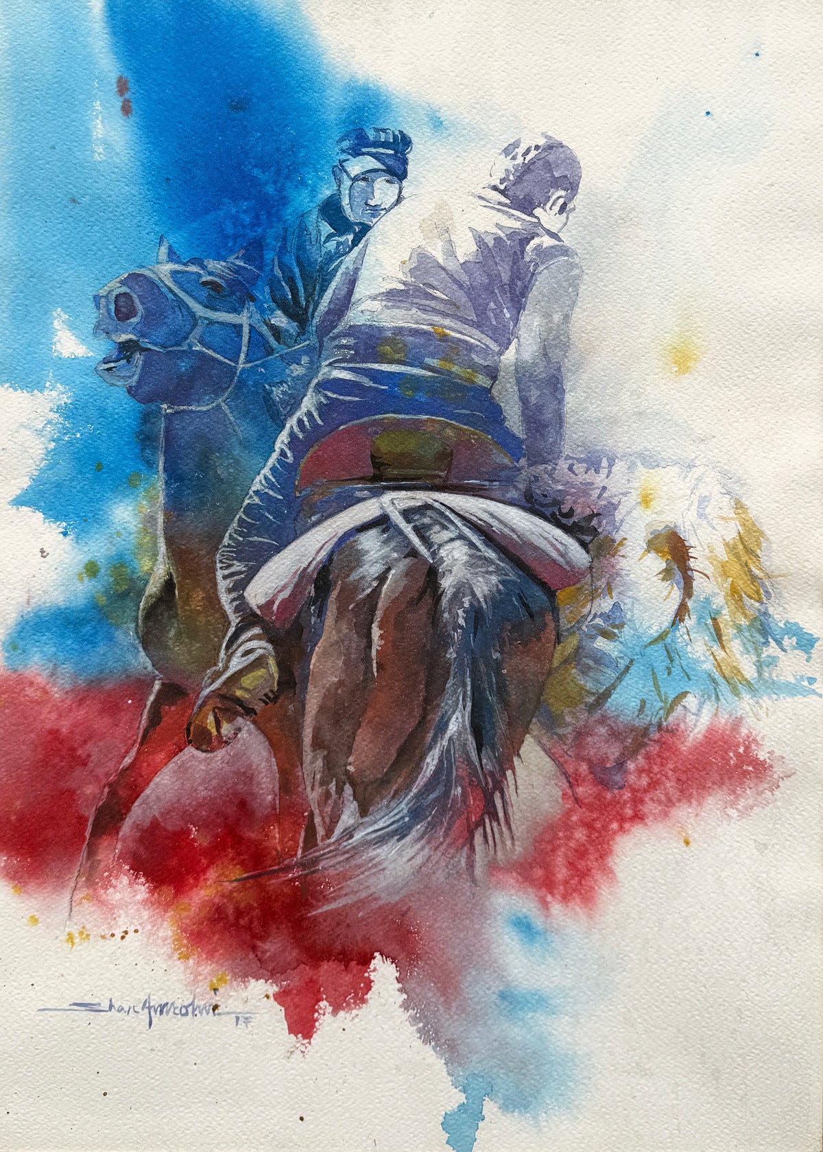 Shan Amrohvi Buzkashi Polo Rider Watercolor Painting on paper 15x21 inches horse polo rider back view buzkashi chapandaz blue red abstract painting
