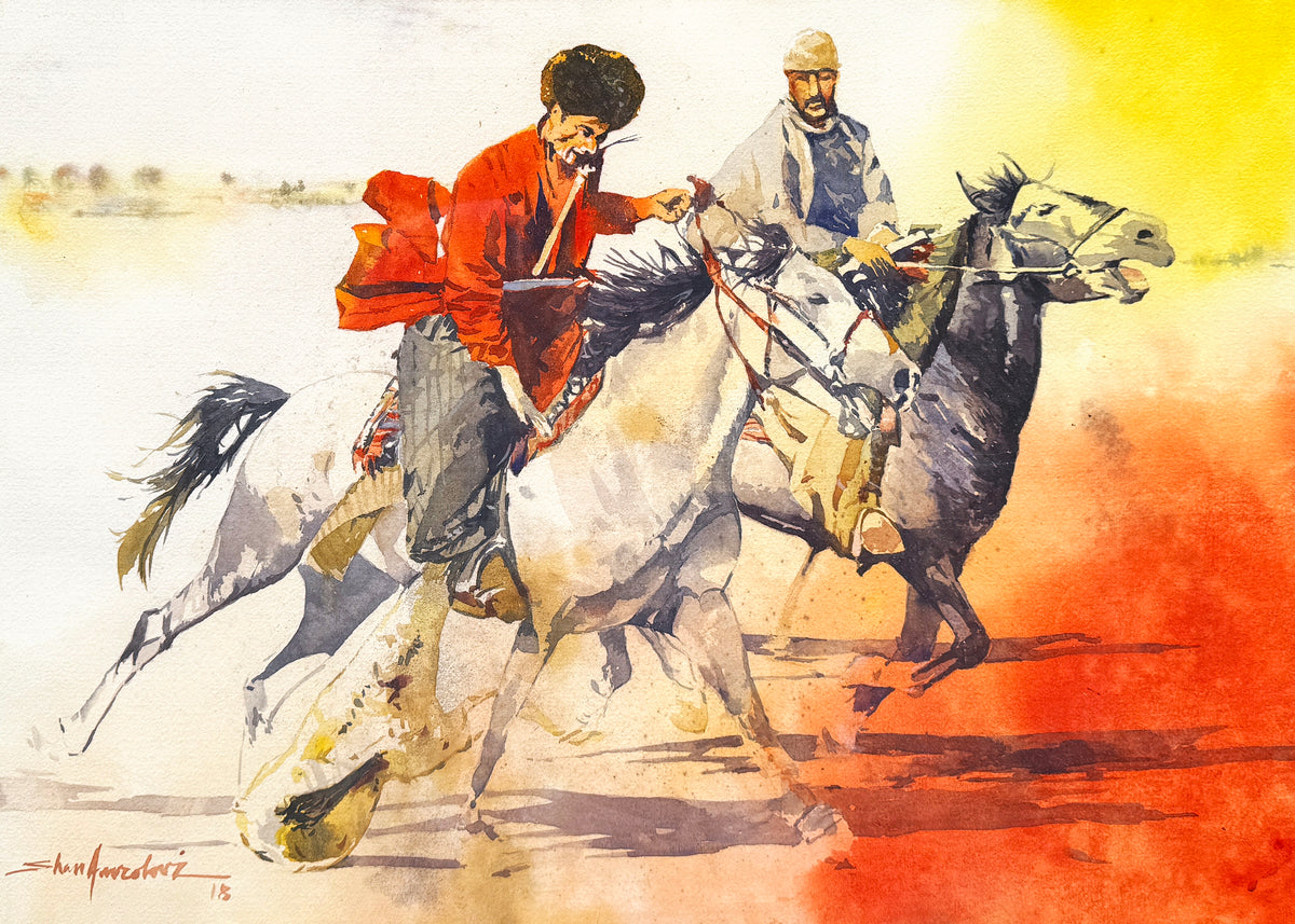 Shan Amrohvi Buzkashi Riders Horse Polo Painting watercolor on paper 15x21 inches two Afghan horsemen buzkashi duel horse polo action painting
