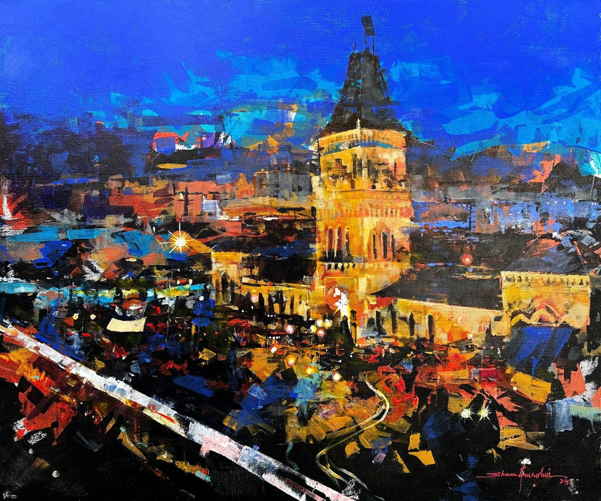 Shan Amrohvi Empress Market at Night acrylic on canvas 30x36 inches Karachi Empress Market night scene blue sky golden lights painting
