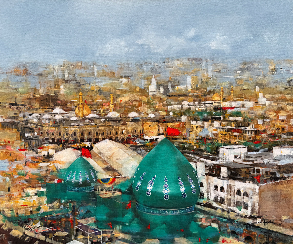 Shan Amrohvi Kazmain Sharif Imam Musa Kazim Painting oil on canvas 30x36 inches Kazmain Baghdad shrine green dome golden minarets holy painting
