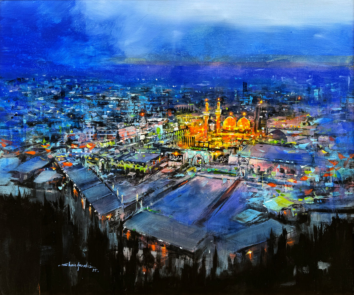 Shan Amrohvi Kazmain Sharif Night Painting oil on canvas 30x36 inches Imam Musa Kazim shrine golden domes blue night aerial cityscape Kazmain Baghdad painting
