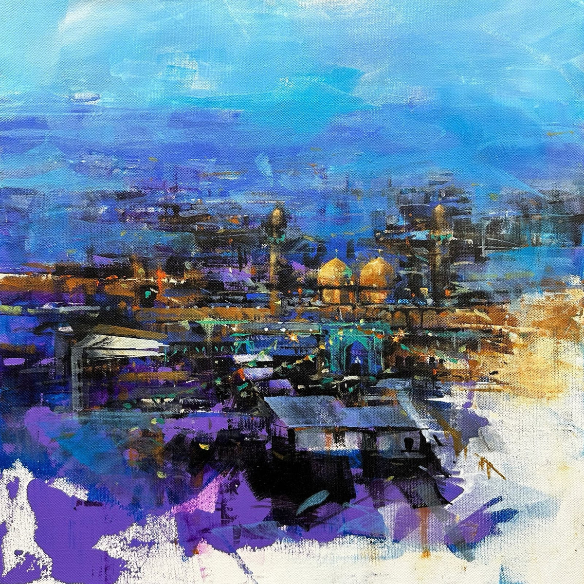 Shan Amrohvi Mystic Cityscape acrylic on canvas 18x18 inches golden domes blue sky abstract city painting
