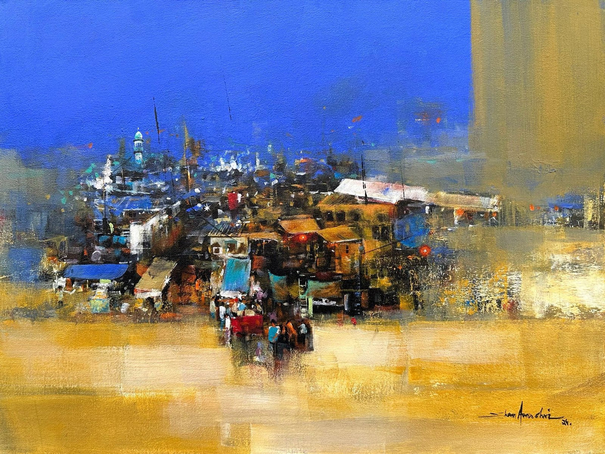 Shan Amrohvi Timeless Alleys Bazar acrylic on canvas 18x24 inches abstract bazar cluster blue sky golden painting sold out
