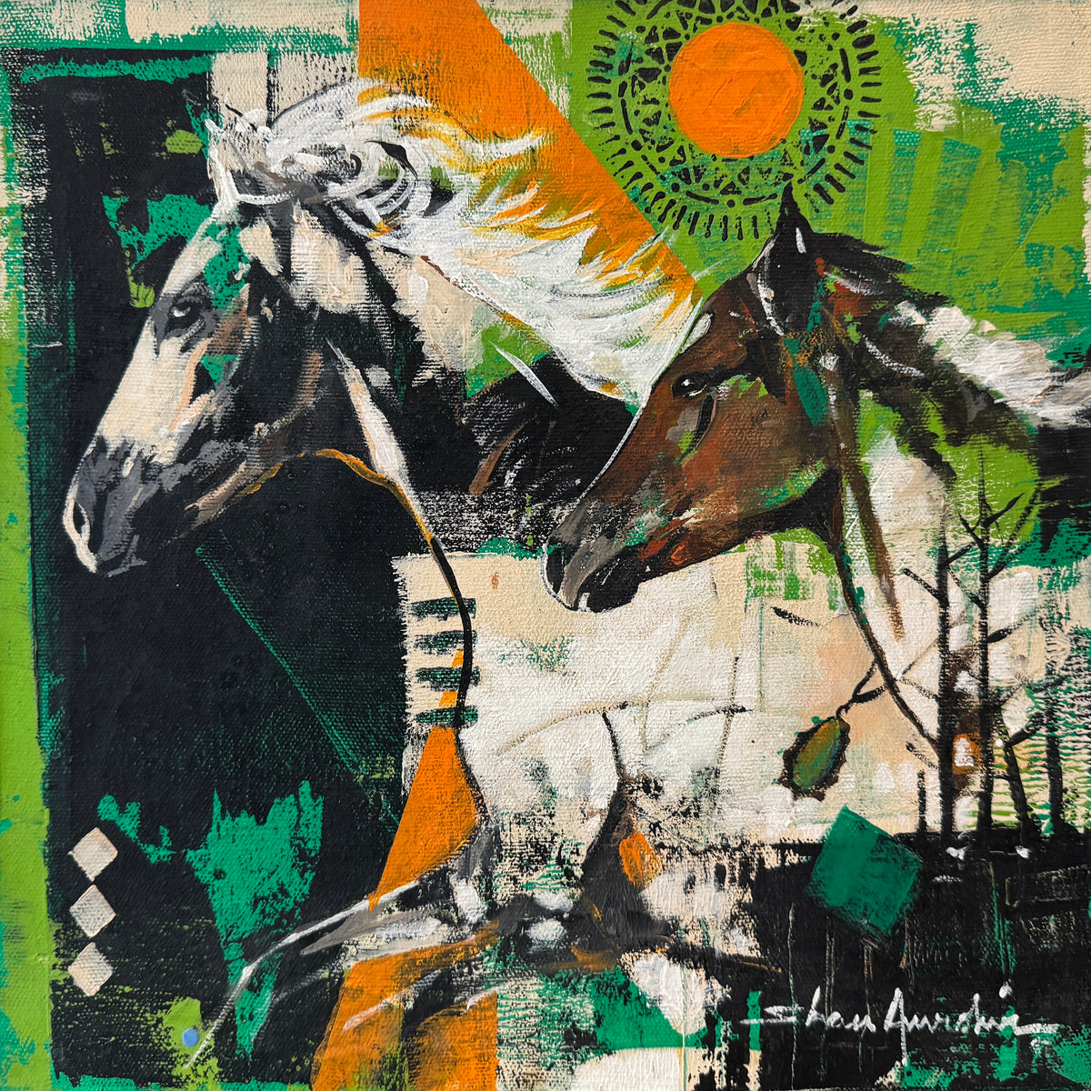 Shan Amrohvi Two Horses Abstract Painting galloping horses oil on canvas 12x12 inches pair of horses white brown green orange sun abstract painting
