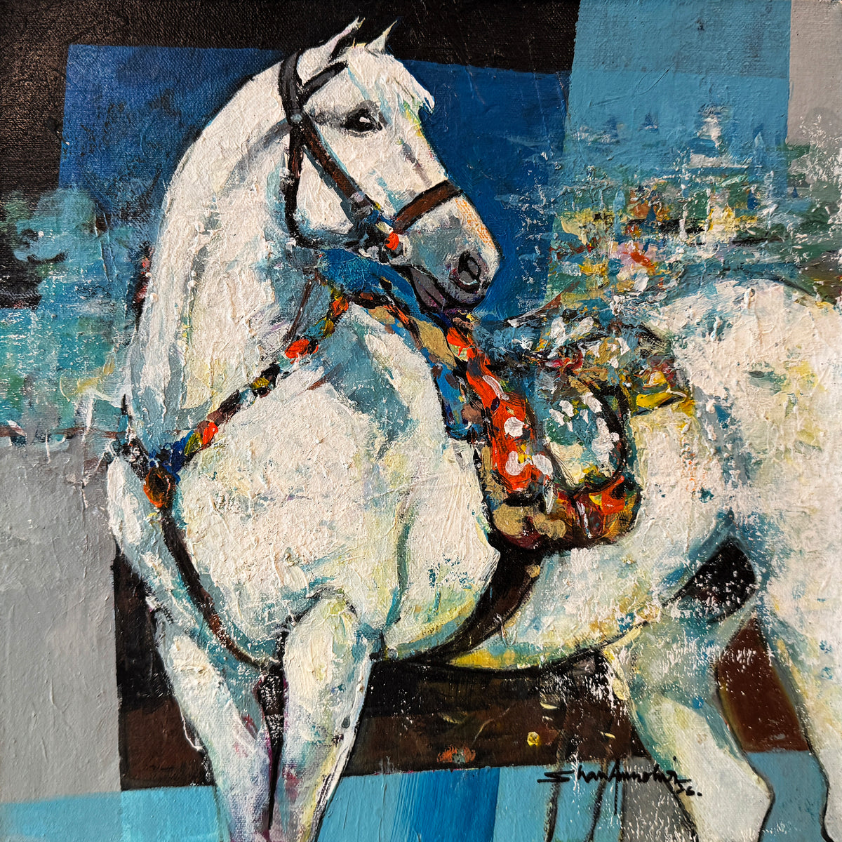 Shan Amrohvi White Zuljanah Horse Painting oil on canvas 12x12 inches Imam Hussain horse Zuljanah white horse decorated saddle blue abstract Karbala painting
