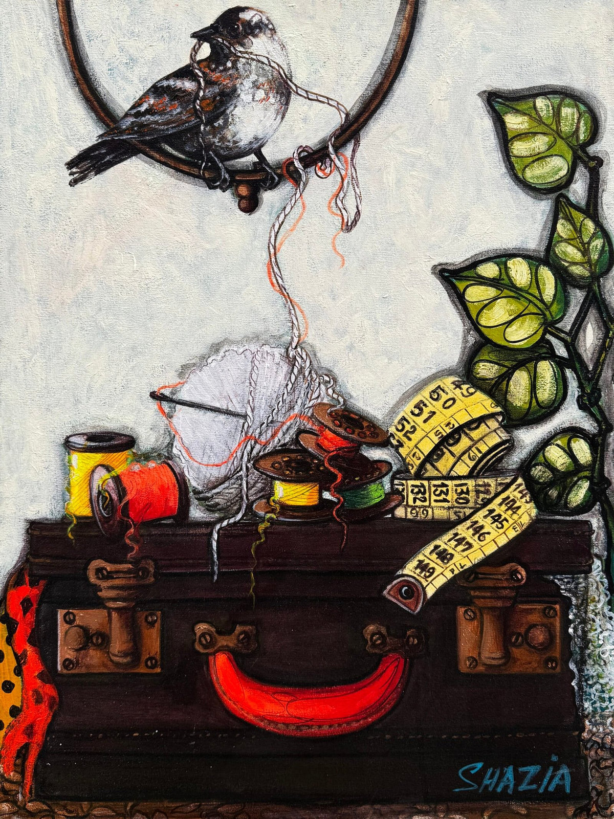 Shazia Salman Threaded Memories acrylic on canvas 18x24 inches Pakistani contemporary painting of sparrow sewing threads vintage suitcase
