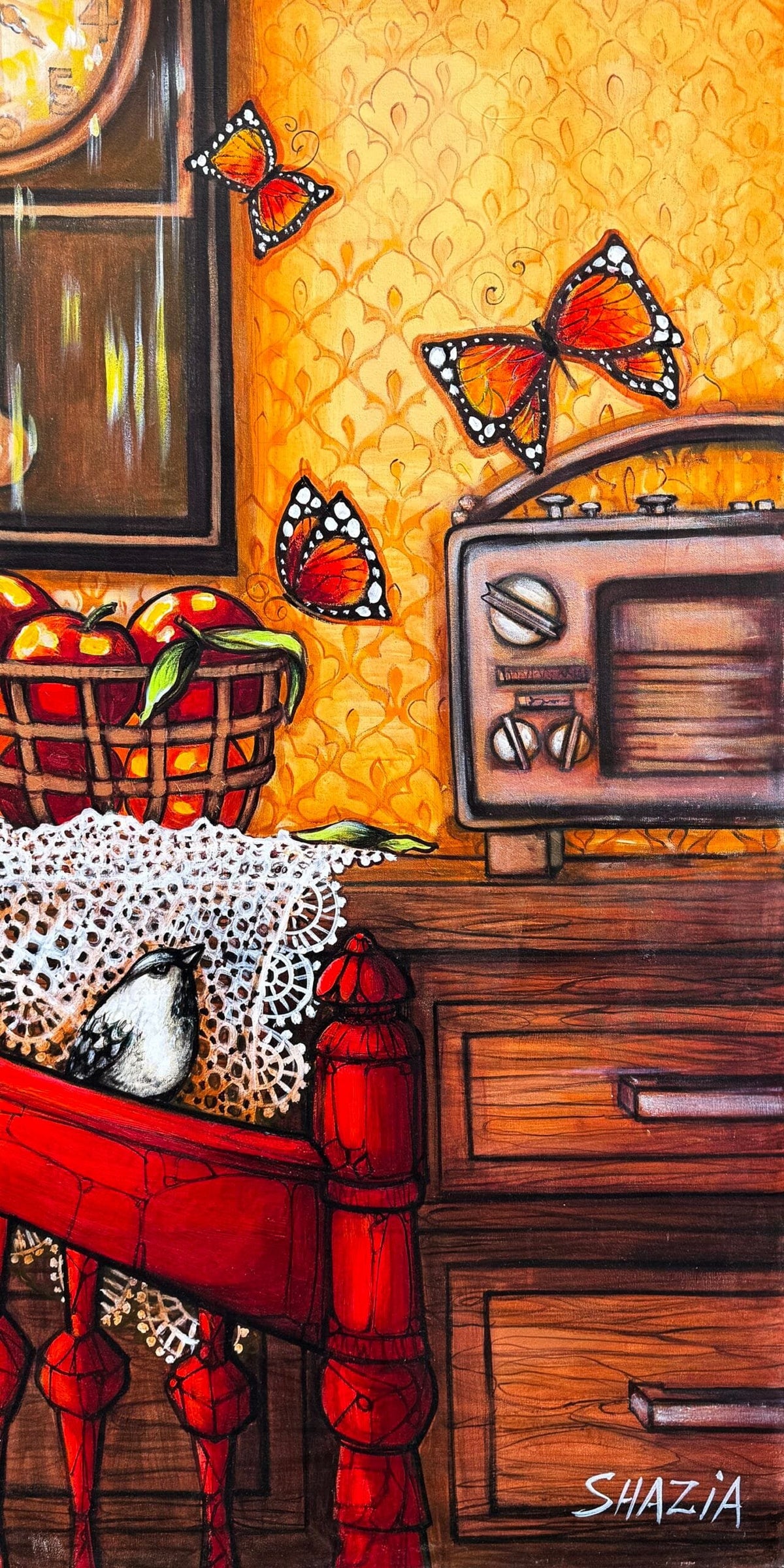 Shazia Salman Whispers Of Nostalgia acrylic on canvas 24x48 inches Pakistani contemporary painting of vintage radio butterflies and interior
