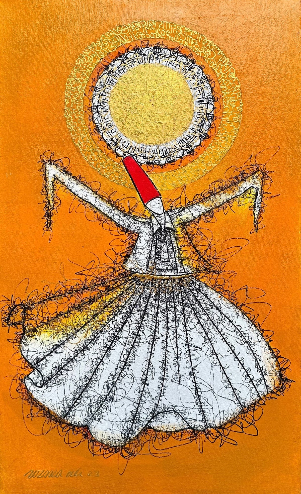 Uzma Rashid sacred rhythm II golden halo sufi dervish acrylic on canvas 12x24 inches orange background