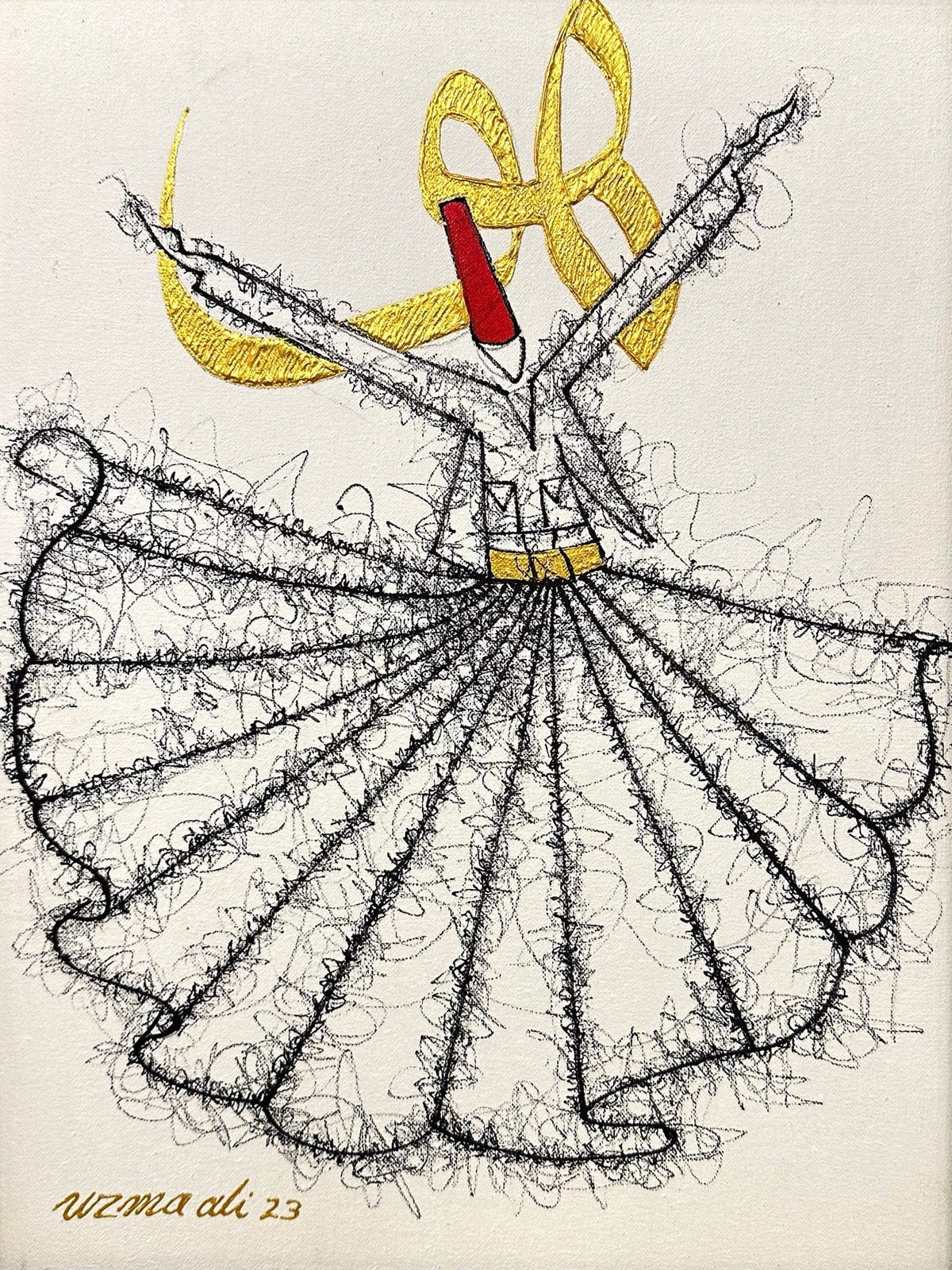 Uzma Rashid whirling devotion sufi dervish hu calligraphy acrylic on canvas 12x16 inches whirling dervish sufi painting