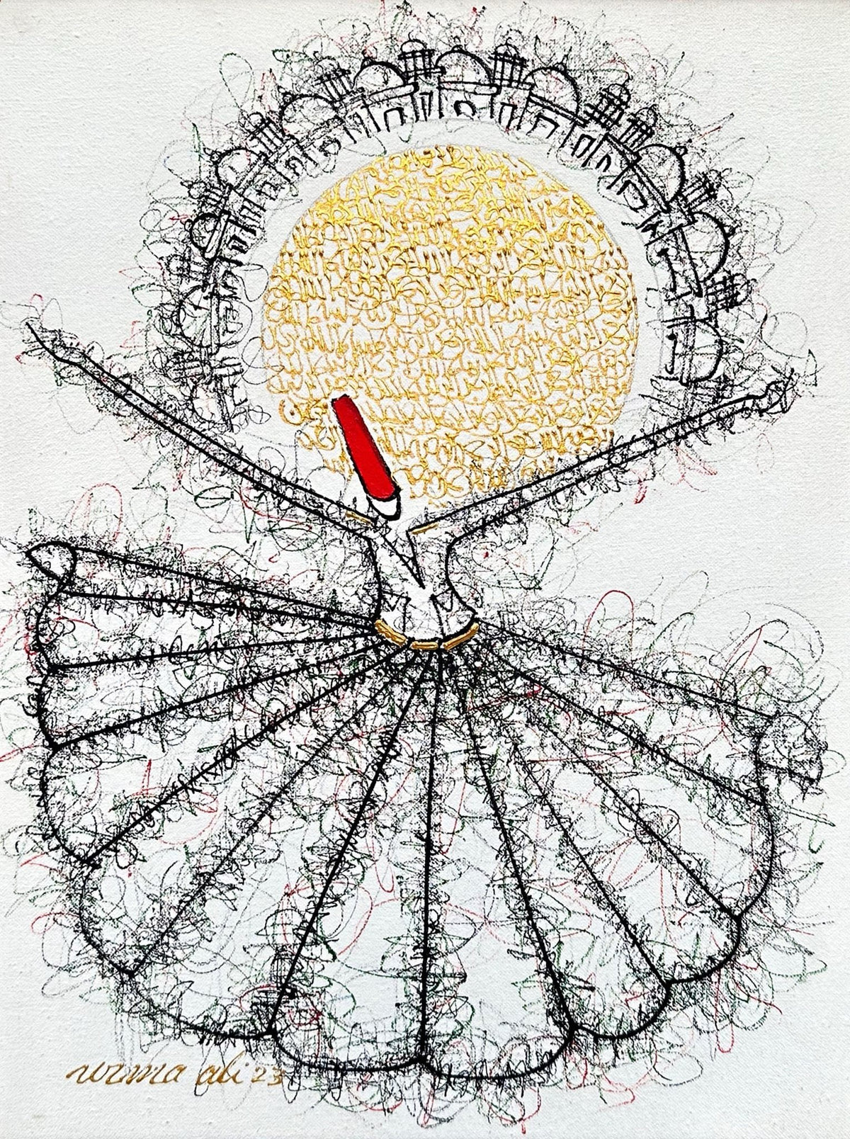 Uzma Rashid whirling sun sufi dervish golden sun halo acrylic on canvas 12x16 inches