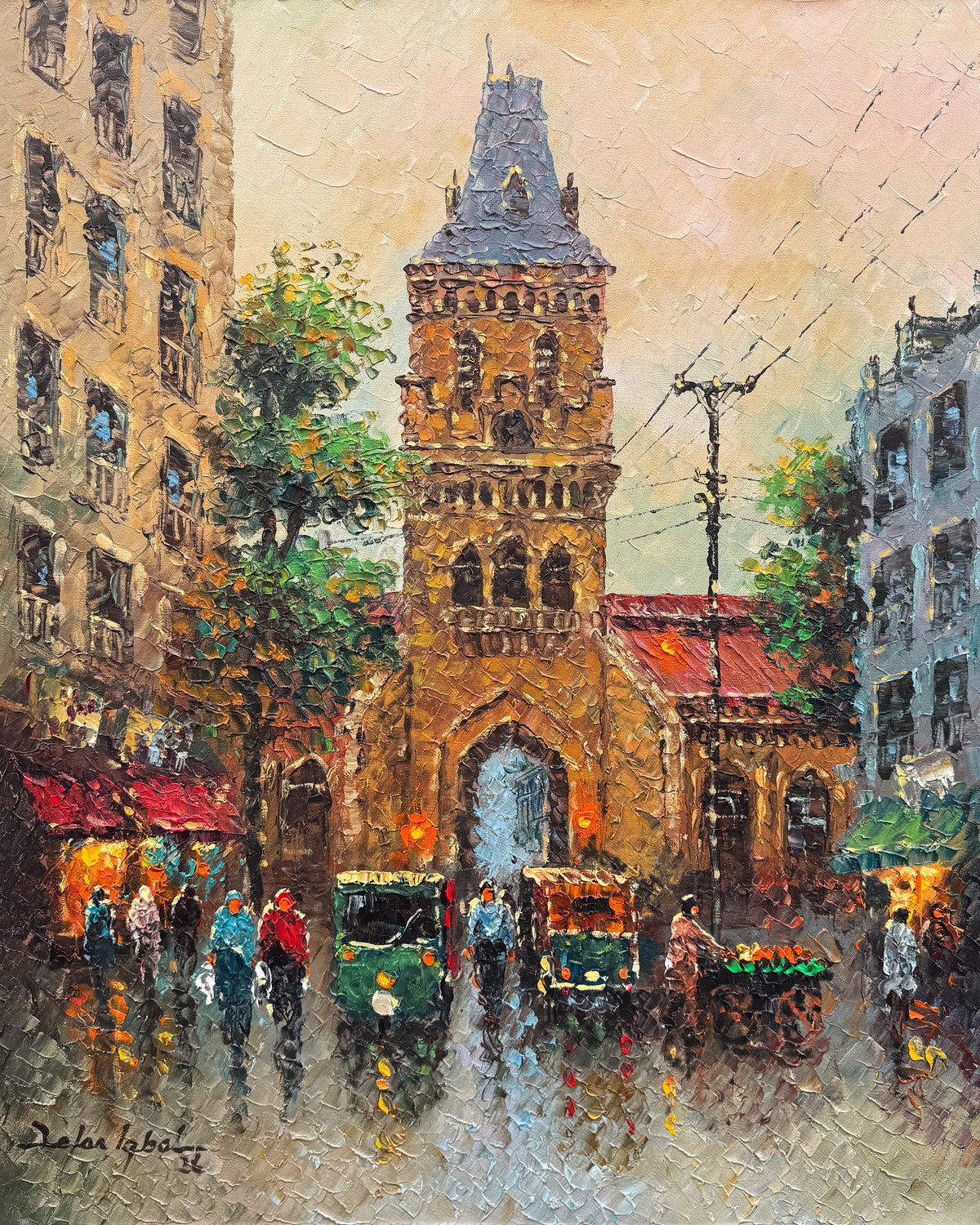 Zafar Iqbal Empress Market Bazar View Karachi oil on canvas 24x30 inches Gothic clock tower heritage building rainy bazaar street rickshaws reflections impasto cityscape
