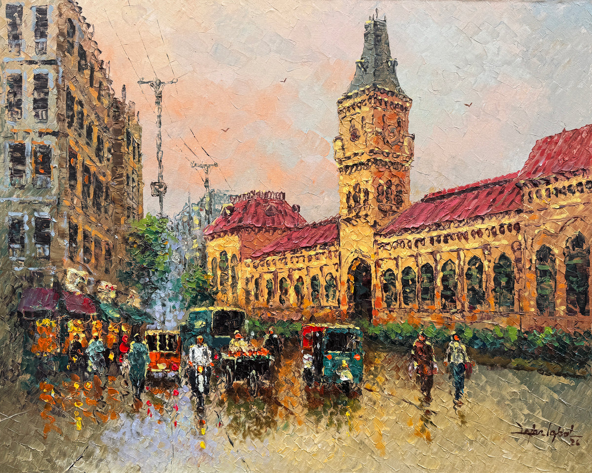 Zafar Iqbal Empress Market Front View Karachi oil on canvas 24x30 inches Gothic clock tower red roof heritage building rainy bazaar street rickshaws reflections impasto cityscape

