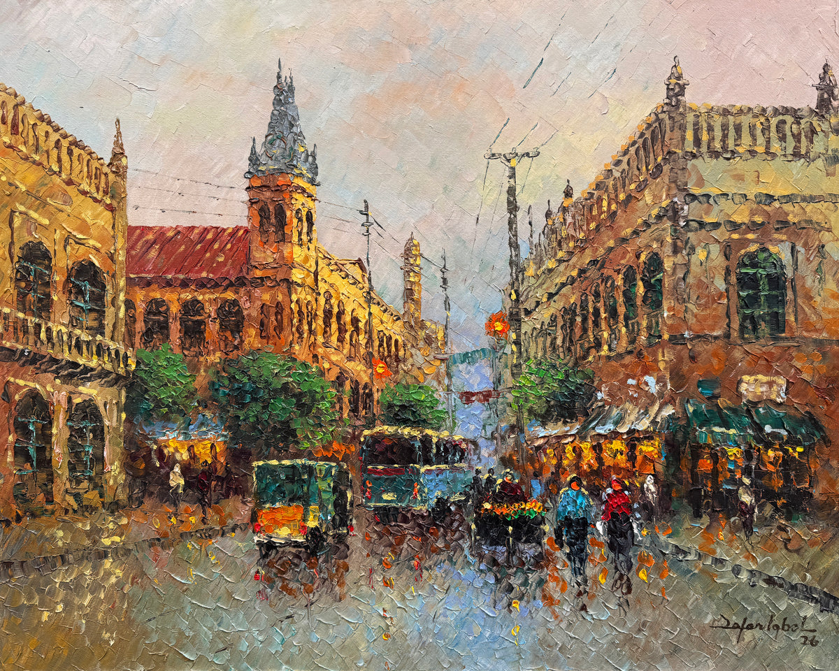 Zafar Iqbal Empress Market Side Bazar View Karachi oil on canvas 24x30 inches heritage buildings rainy street rickshaws bus bazaar reflections impasto cityscape

