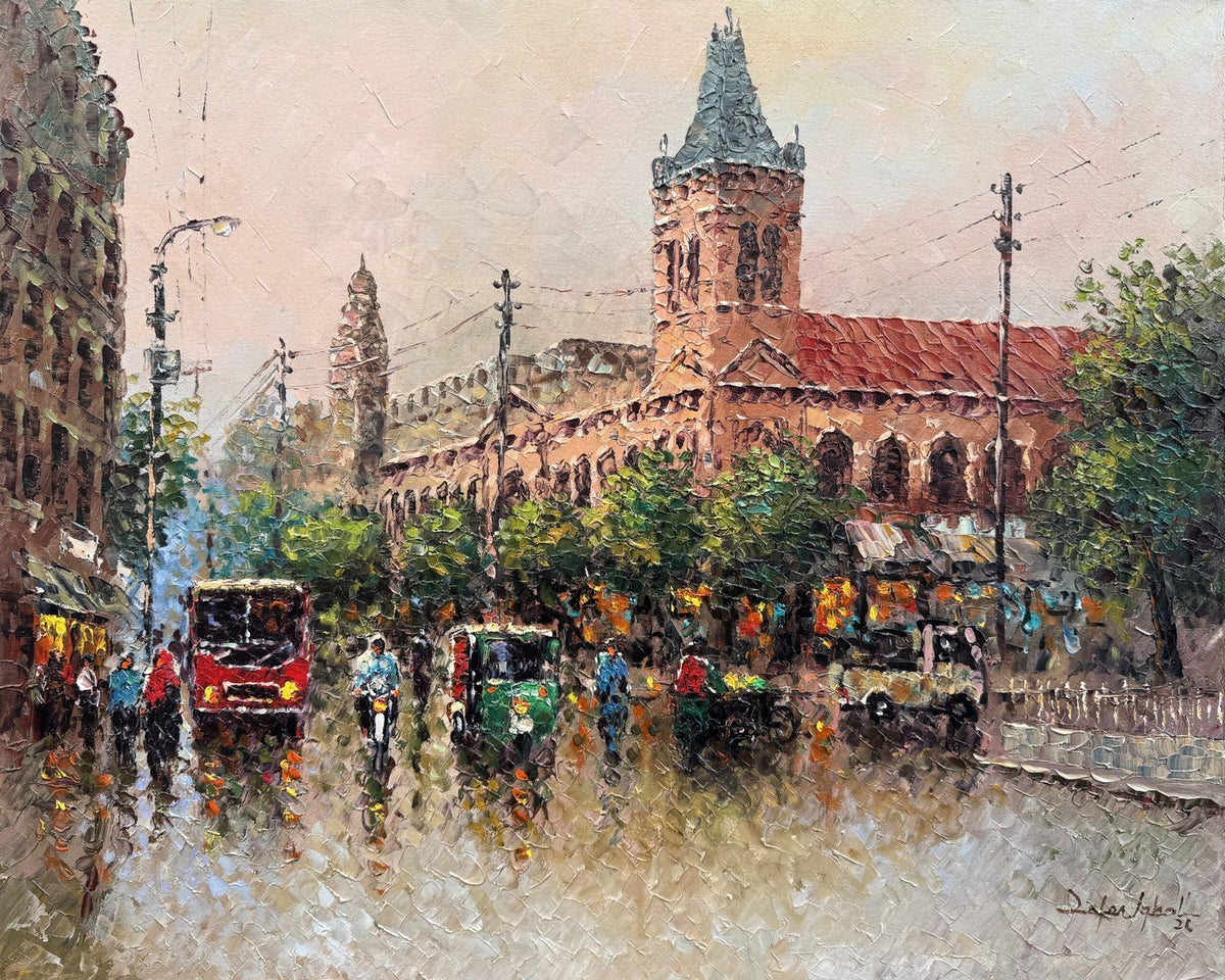 Zafar Iqbal Khan 24x30 oil on canvas - Empress Market Karachi Gothic heritage cityscape