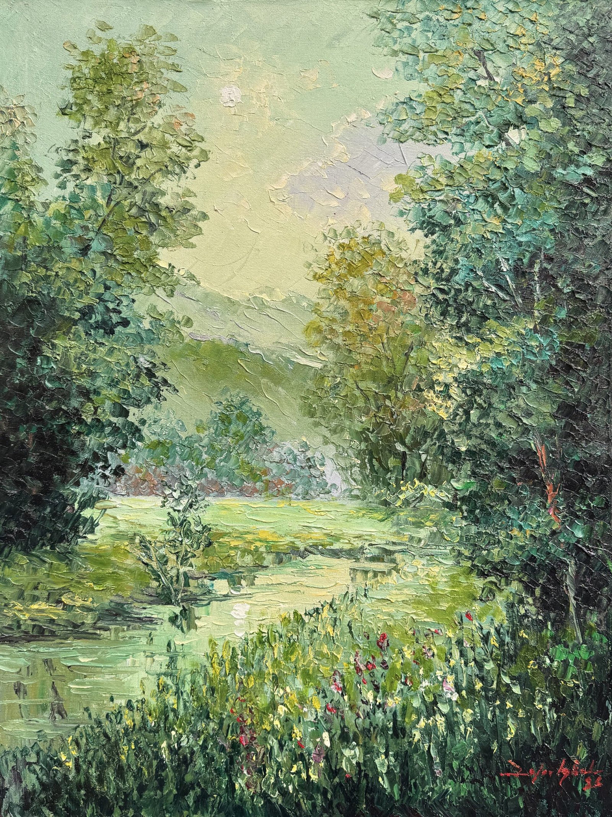Zafar Iqbal Khan forest stream wildflowers morning light woods oil on canvas 18x24 inches green forest brook wildflower meadow impasto landscape painting