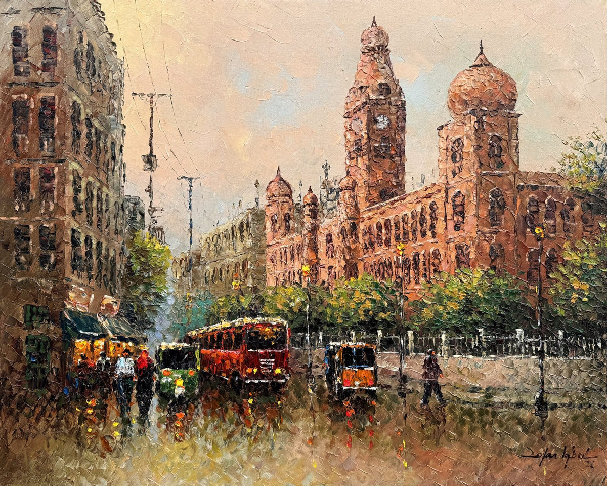 Zafar Iqbal Khan 24x30 oil on canvas - KMC Building Karachi heritage cityscape with buses