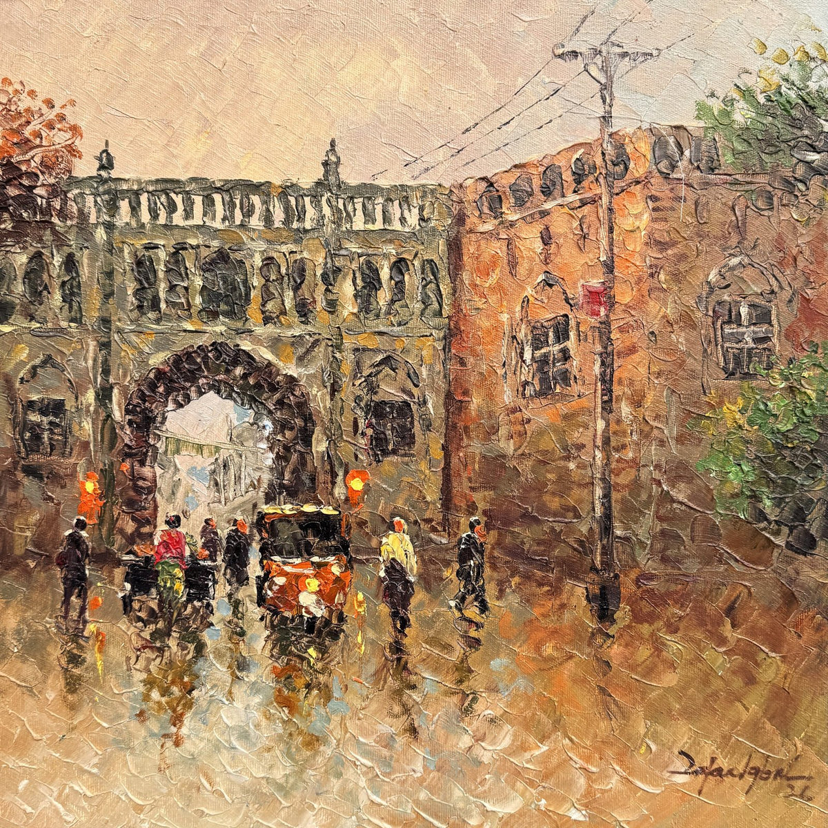 Zafar Iqbal Khan Lahore Dehli Gate Arch rainy Walled City rickshaw oil on canvas 14x14 inches historic gateway wet street reflections impasto cityscape painting