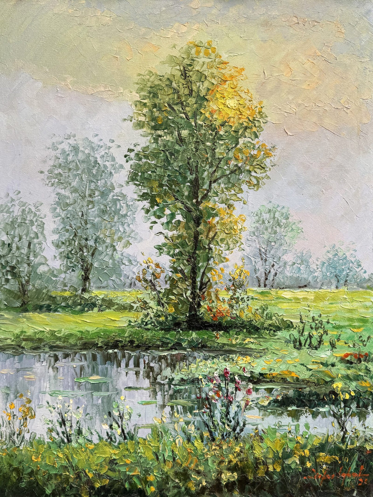 Zafar Iqbal Khan lone tree pond meadow wildflowers reflections oil on canvas 18x24 inches solitary tree pond lily pads meadow impasto landscape painting