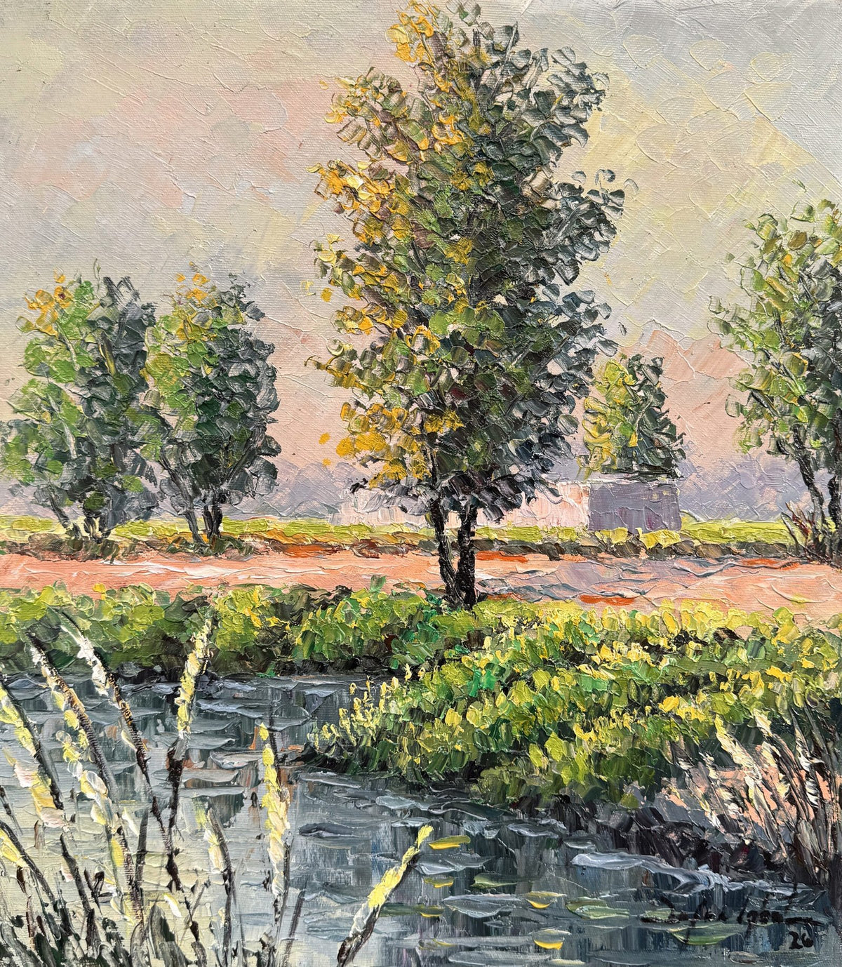 Zafar Iqbal Khan Modern Landscape Series green fields stream trees golden light oil on canvas 14x16 inches impasto landscape painting
