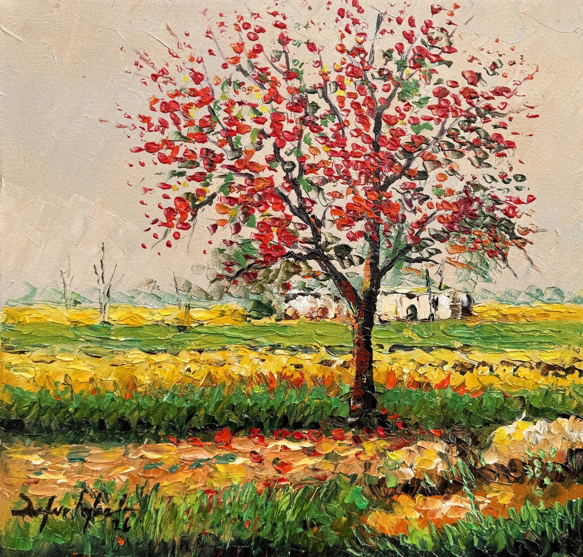 Zafar Iqbal Khan Modern Landscape Series red blossom tree mustard fields oil on canvas 14x14 inches spring rural landscape impasto painting
