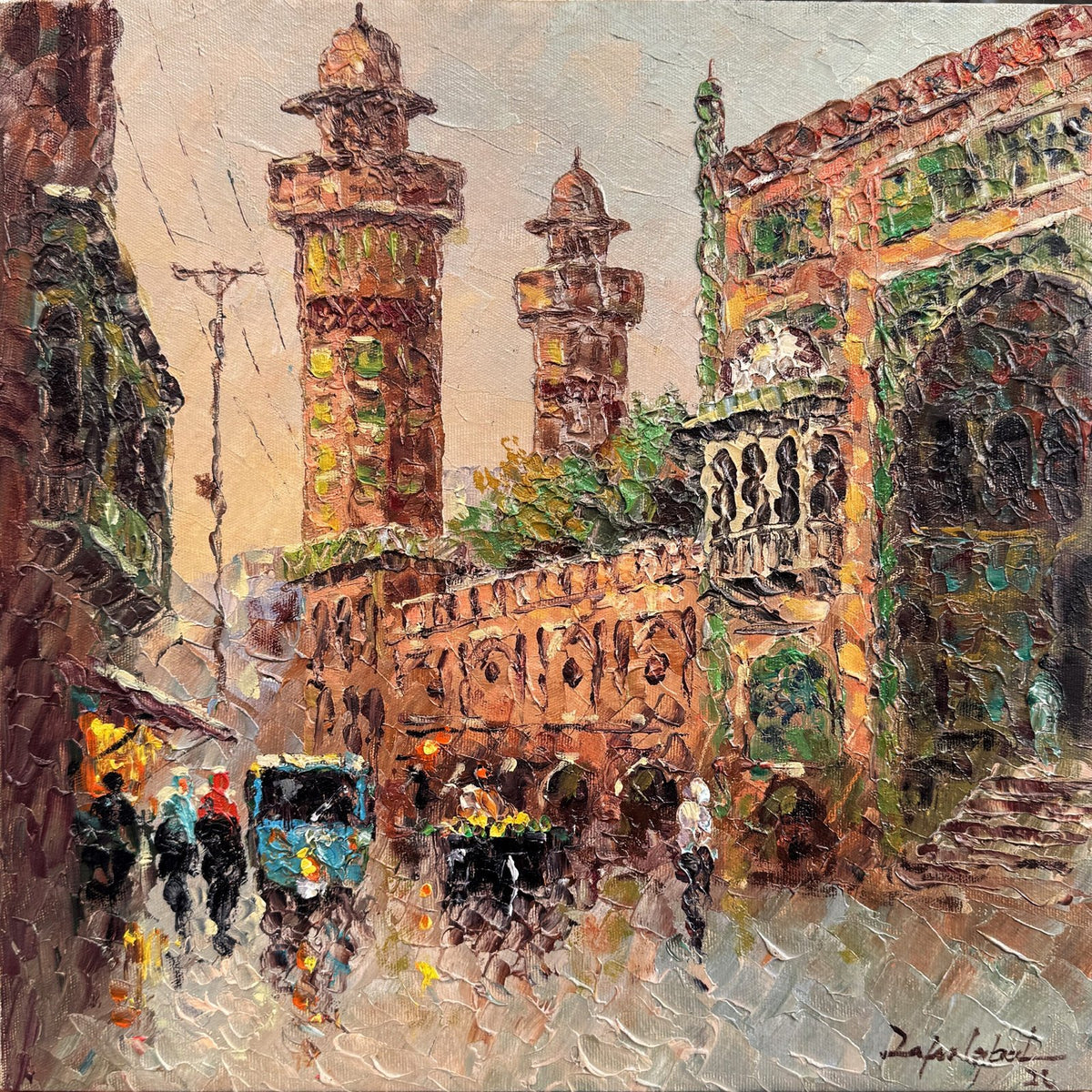 Zafar Iqbal Khan New Memon Masjid Bolton Market twin minarets oil on canvas 14x14 inches historic mosque gateway rainy street reflections impasto painting