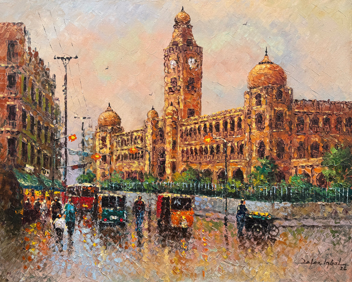 Zafar Iqbal KMC Building Karachi oil on canvas 24x30 inches heritage cityscape domes clock tower rainy street rickshaws bazaar reflections impasto painting
