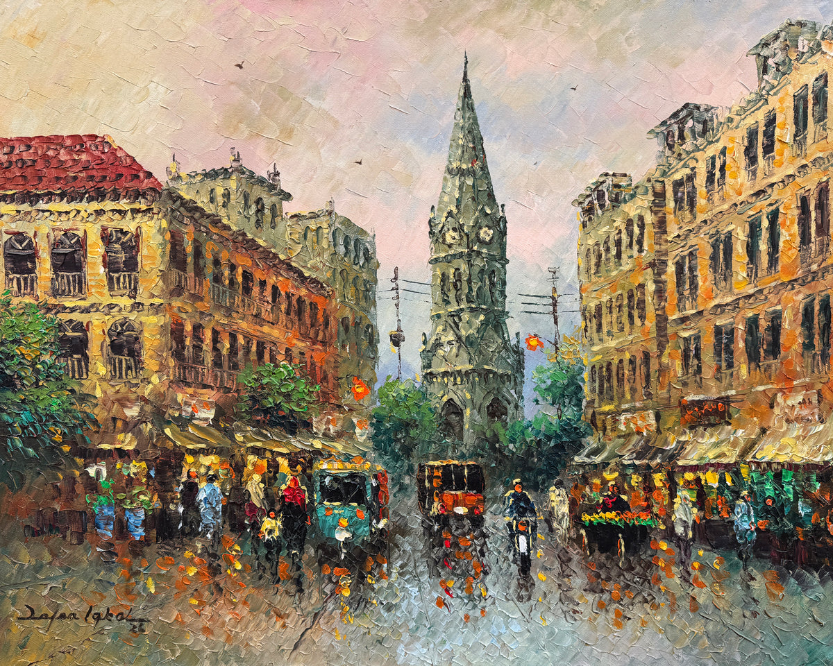 Zafar Iqbal Merewether Clock Tower Bazar View Karachi oil on canvas 24x30 inches grey stone heritage tower rainy bazaar street reflections impasto cityscape

