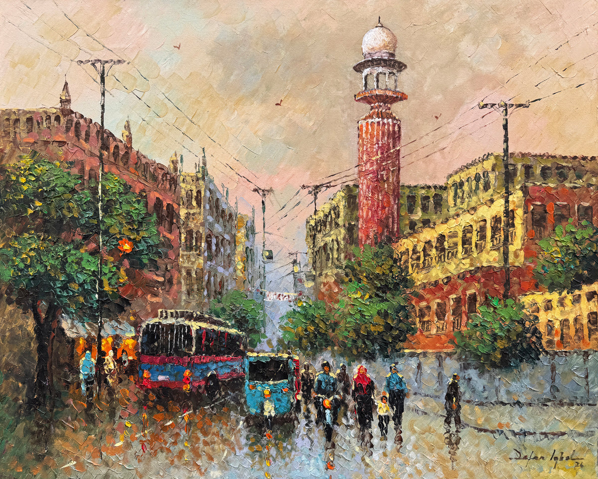 Zafar Iqbal Merewether Clock Tower Karachi oil on canvas 24x30 inches heritage tower rainy street bus rickshaw bazaar reflections impasto cityscape
