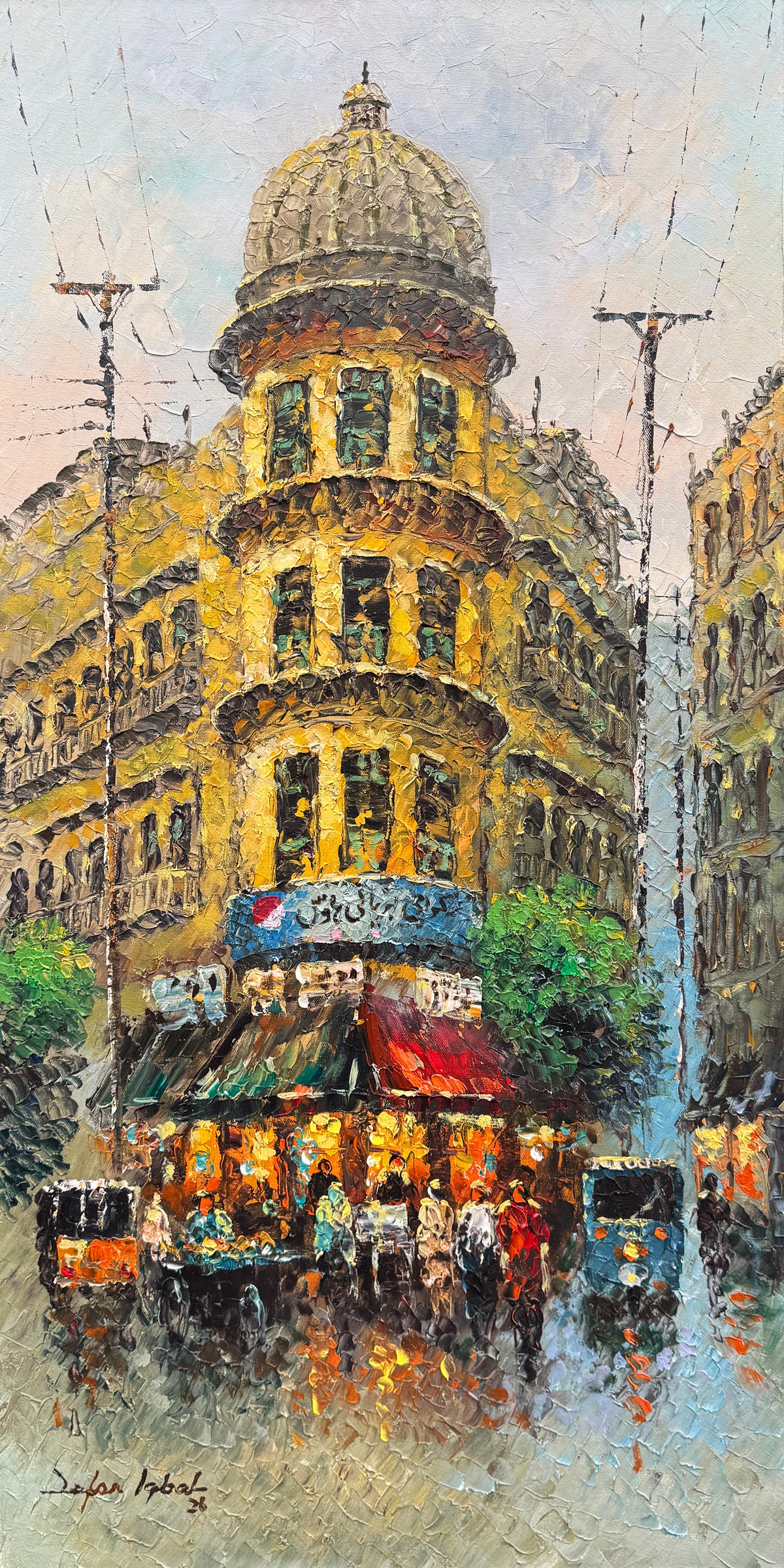 Zafar Iqbal Old Karachi Heritage Building Cityscape oil on canvas 18x36 inches yellow domed colonial building street scene Burns Road Karachi impasto cityscape painting

