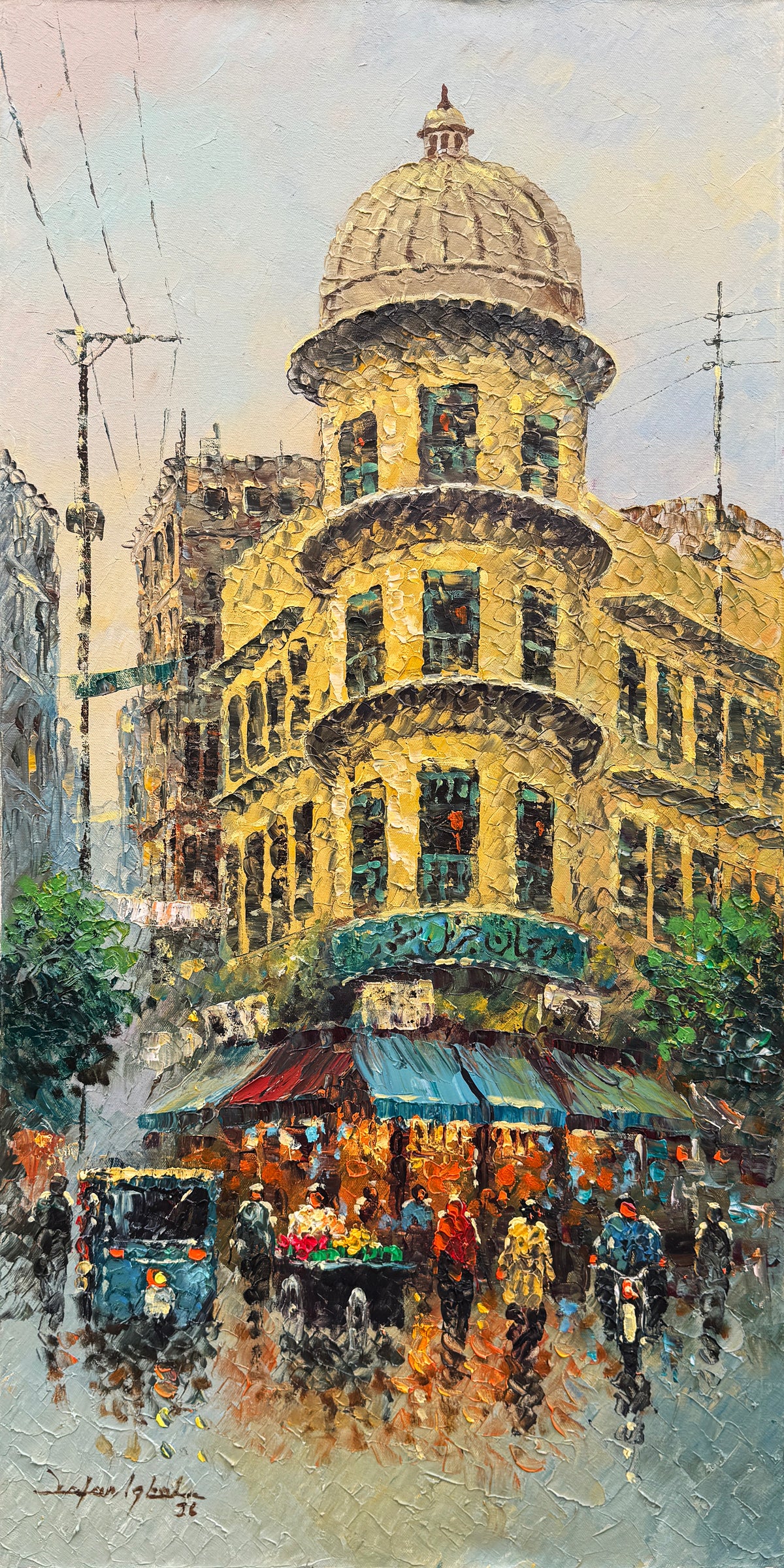 Zafar Iqbal Old Karachi Heritage Yellow Building Cityscape oil on canvas 18x36 inches daylight variant domed colonial building street scene impasto painting
